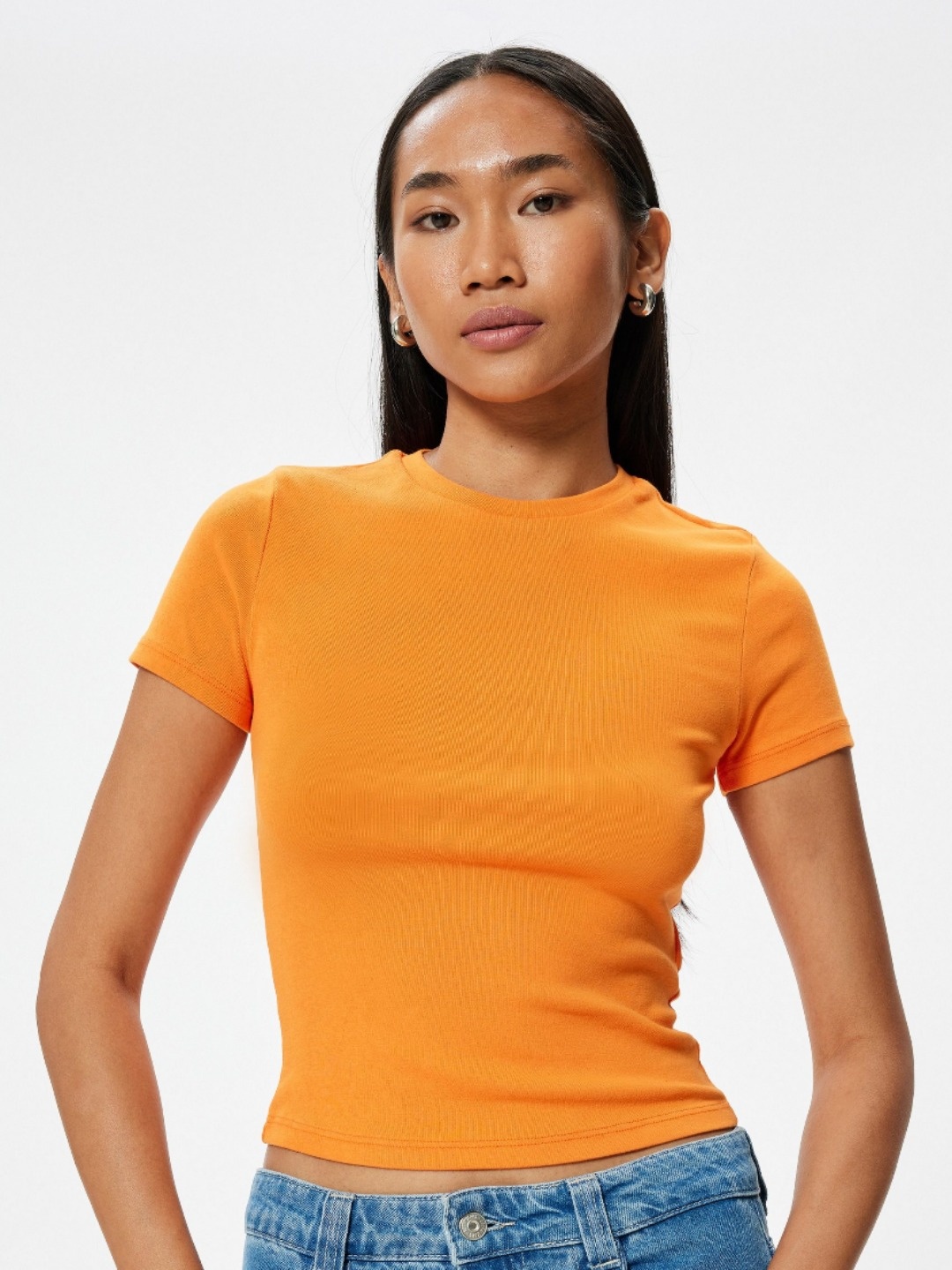 

Koton Women Solid Round Neck Cotton Slim Fit T-Shirt, Orange