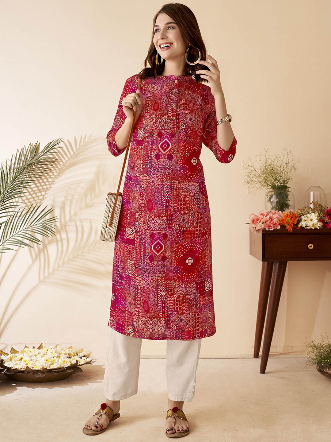 

Anouk Abstract Printed Band Collar Straight Kurta, Red