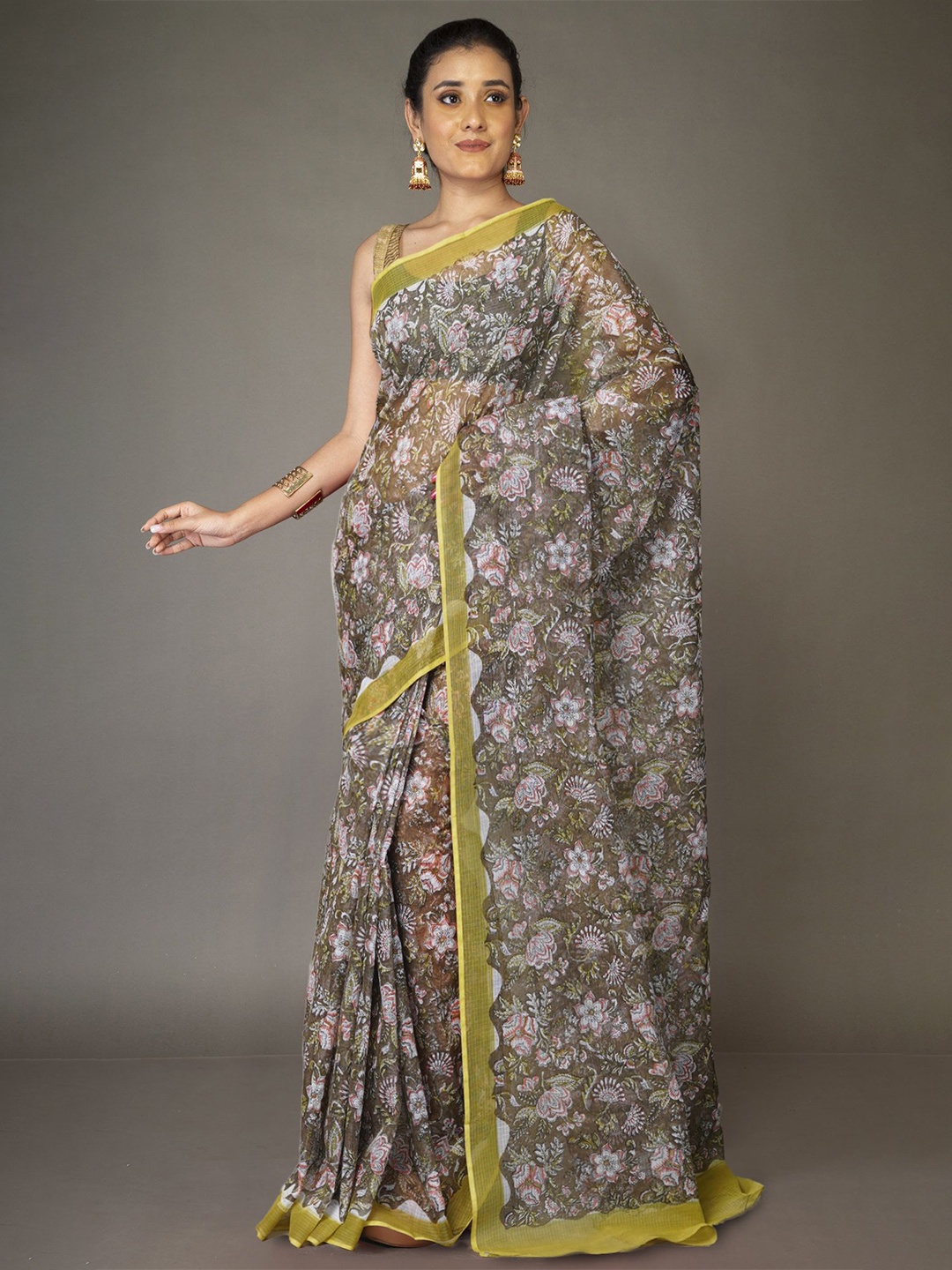 

Unnati Silks Floral Silk Cotton Handloom Kota Green Saree
