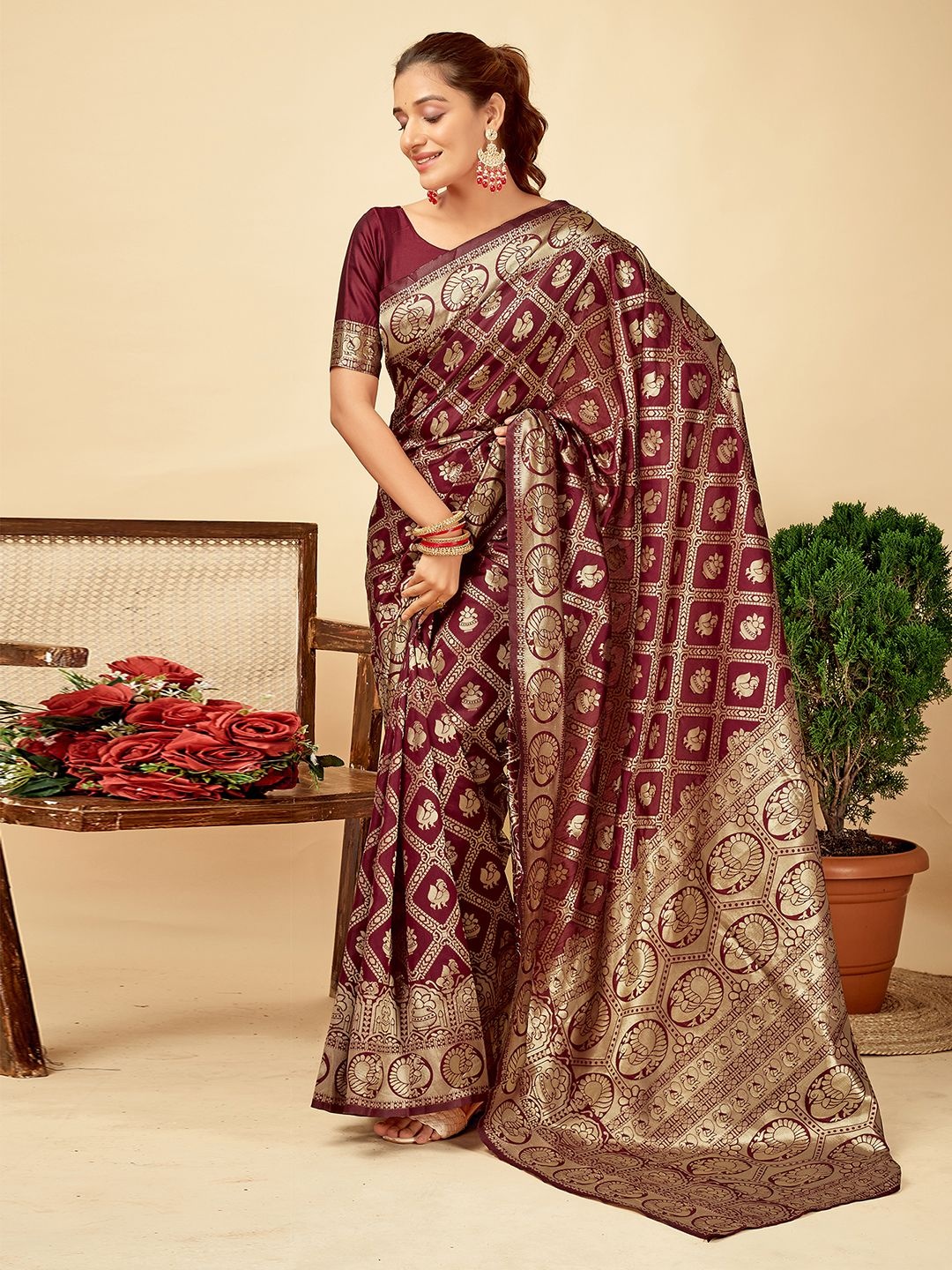 

KALINI Ethnic Motifs Zari Art Silk Banarasi Saree, Maroon