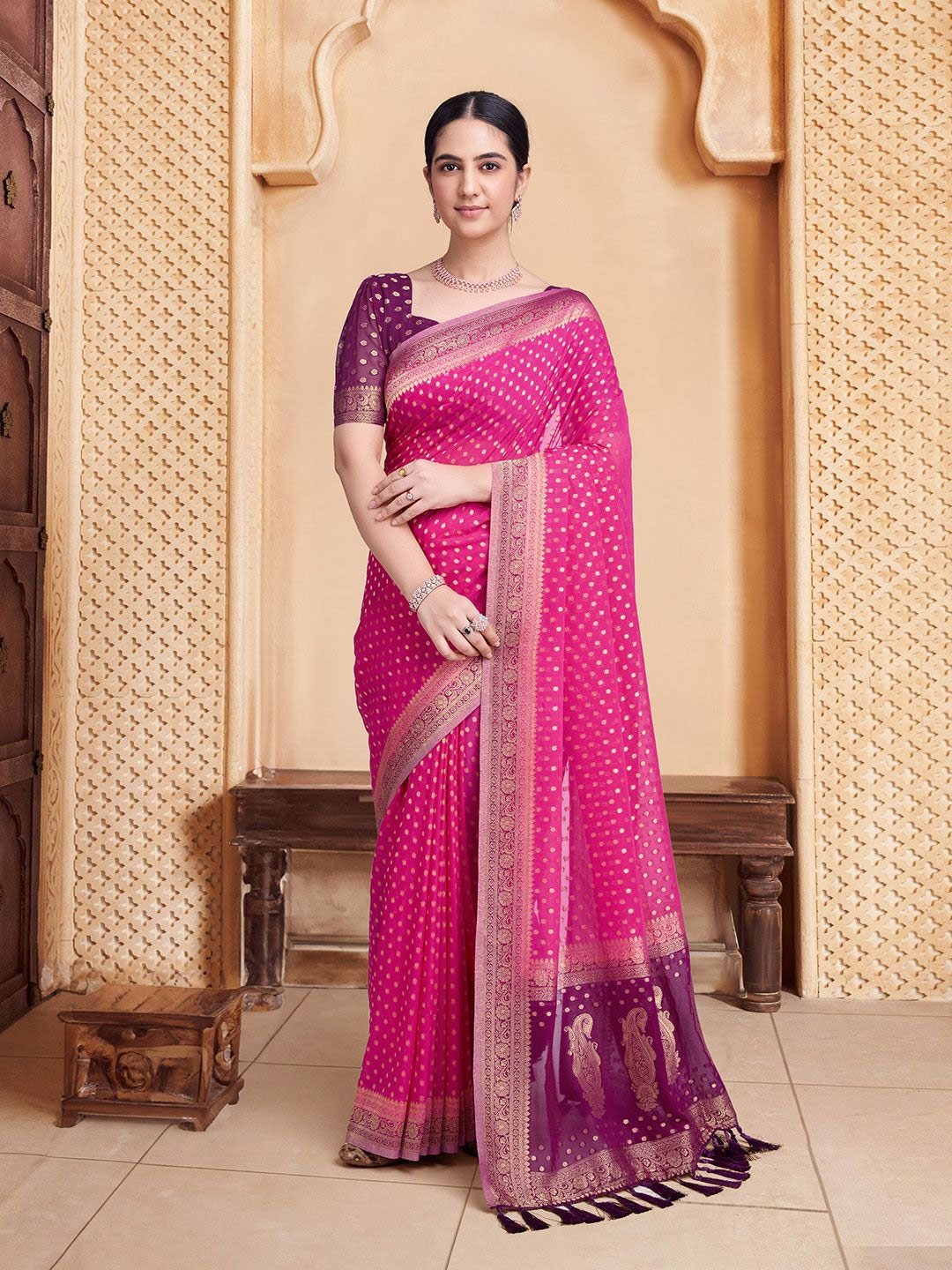 

House of Pataudi Banarasi Woven Design Pure Georgette Saree With Blouse Piece, Pink