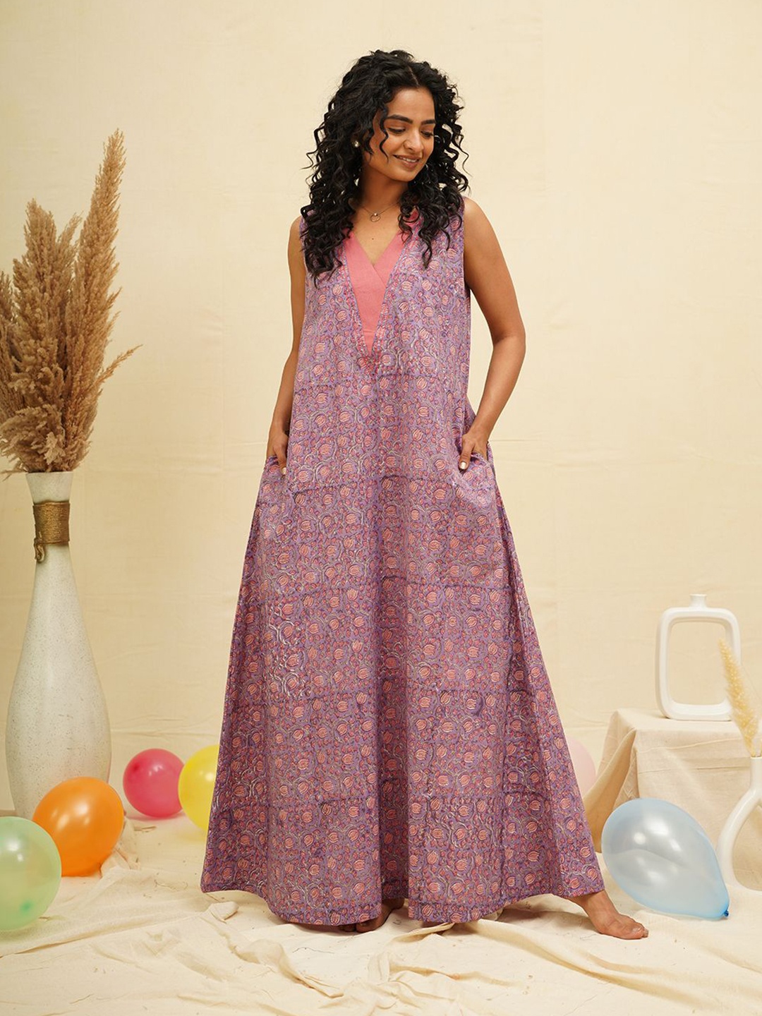 

THE SAFFRON SAGA Floral Print Pure Cotton Maxi Nightdress, Purple