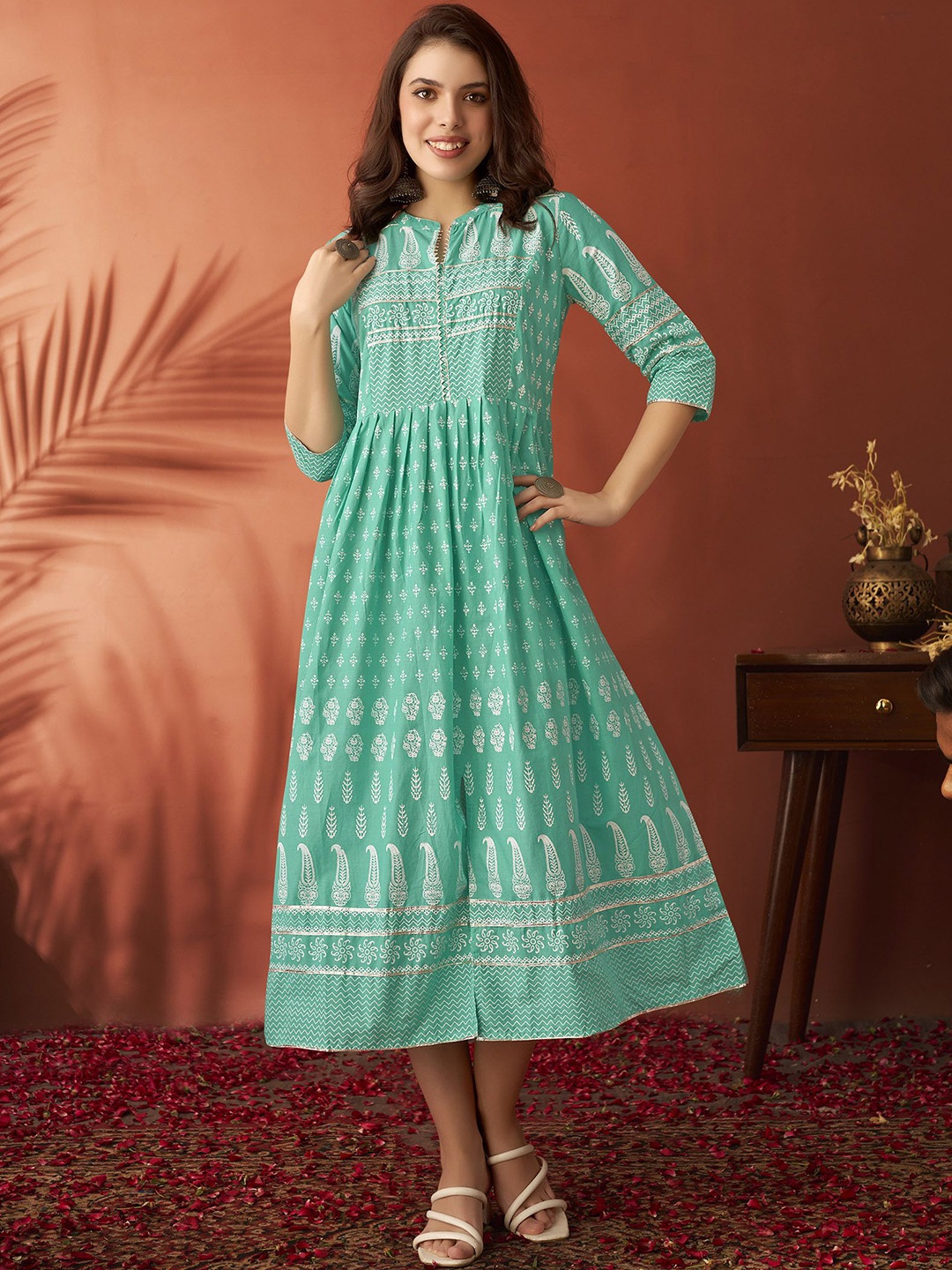 

Anouk Ethnic Motifs Printed Gotta Patti Mandarin Collar Cotton A Line Kurta, Blue