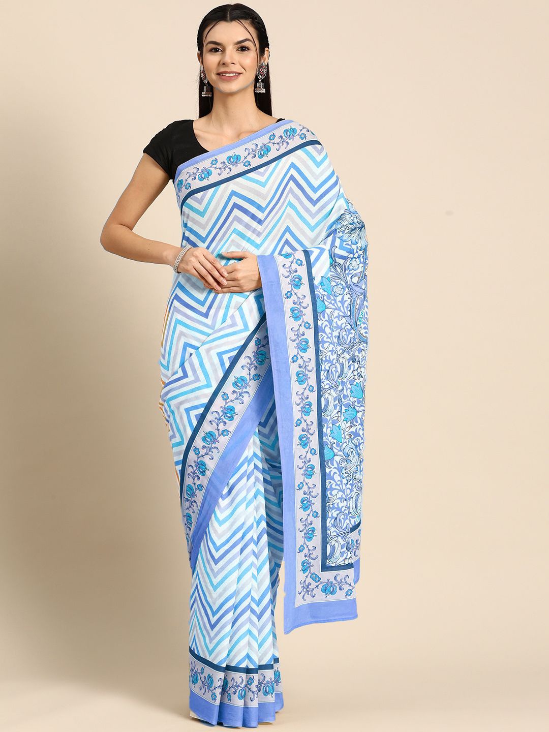 

BUTA BUTI Floral Pure Cotton Saree, Blue
