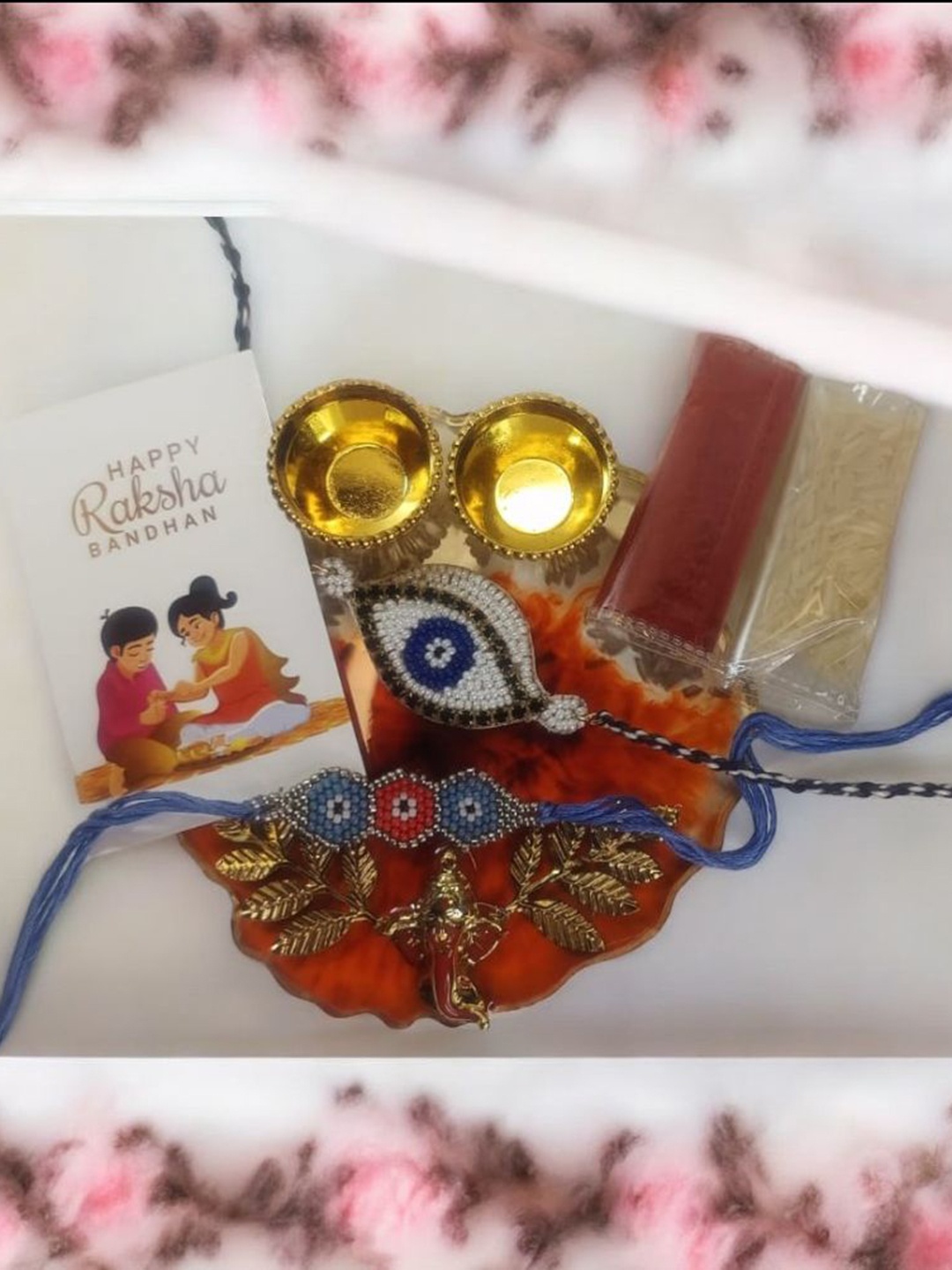 

PRIAANSHA CREATIONS Set Of 3 Beaded Rakhi With Thali Roli Chawal & Greeting Card Gift Set, Blue