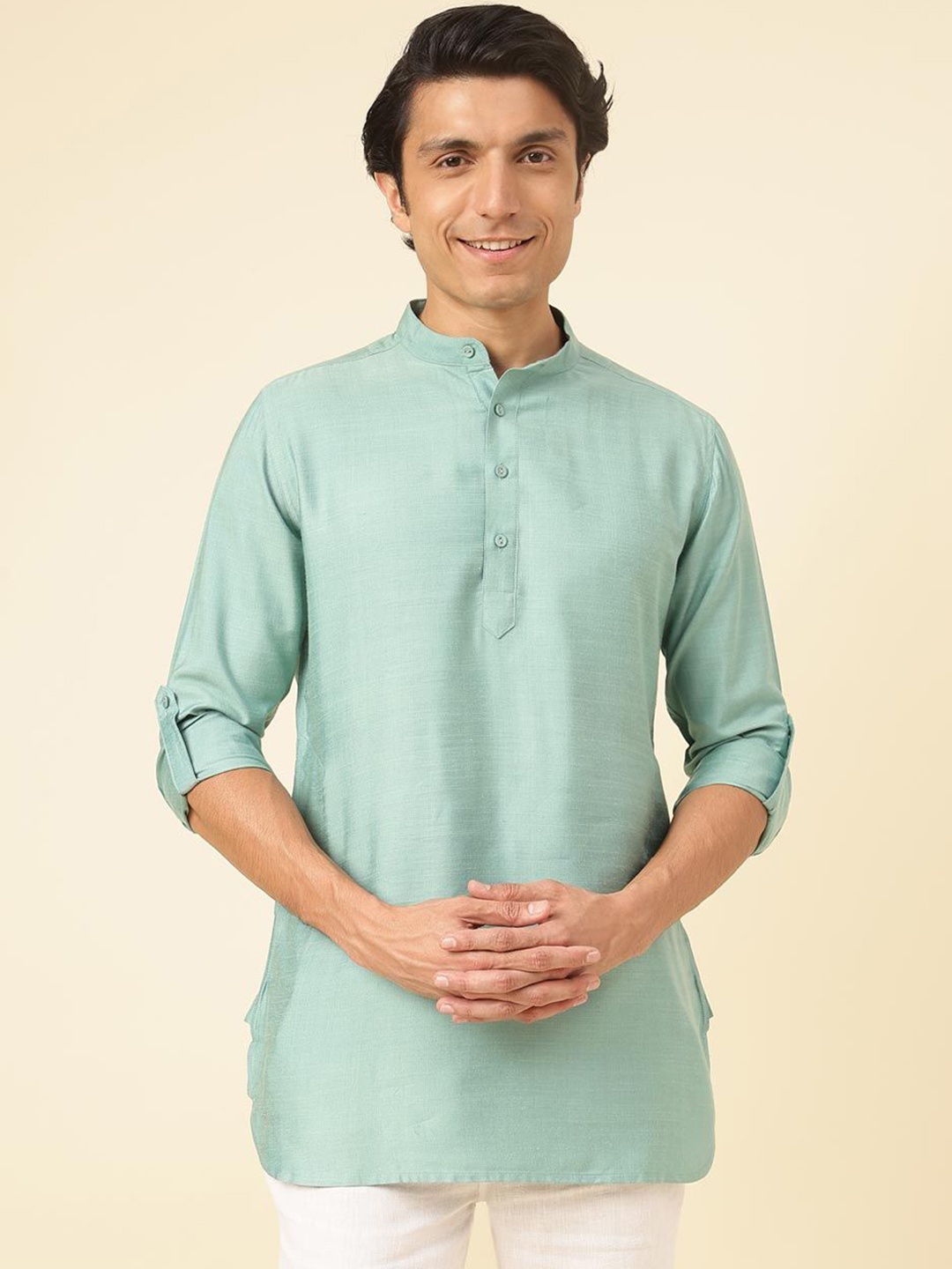 

Fabindia Band Collar Straight Kurta, Sea green