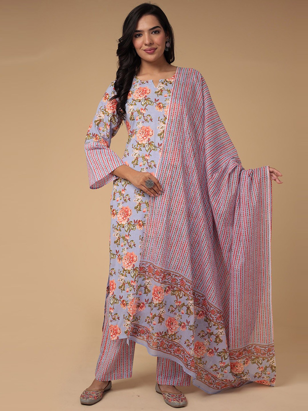 

ZARI Floral Printed Pure Cotton Unstitched Dress Material, Purple