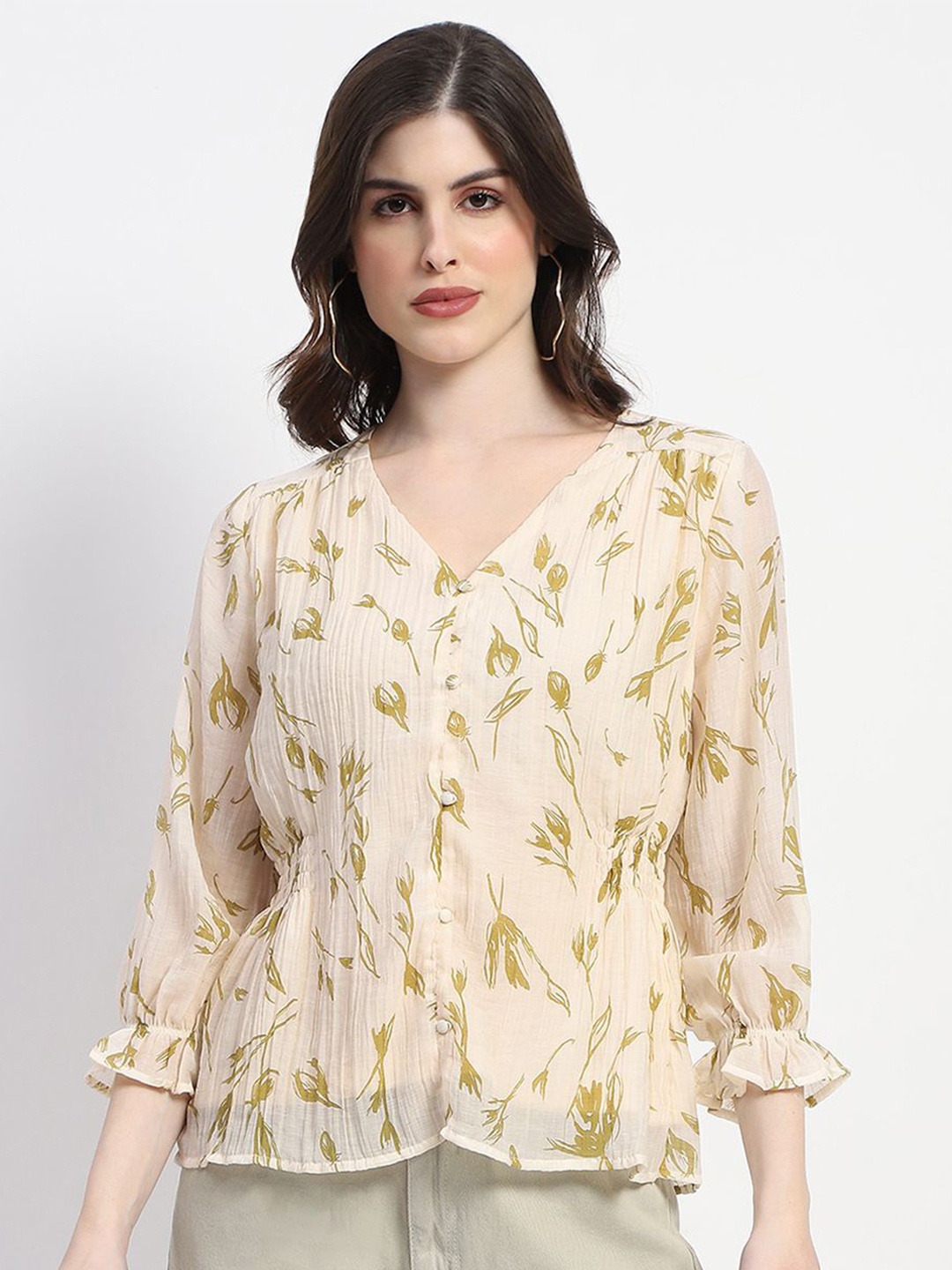 

Madame Women Floral Printed V-Neck Top, Olive