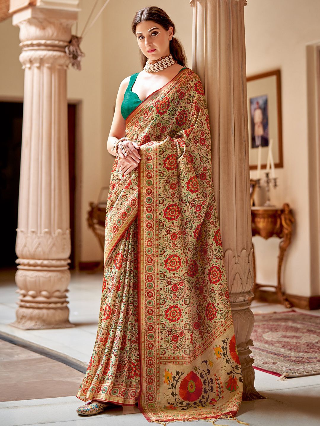 

Saree mall Ethnic Motifs Zari Silk Blend Bagh Sarees, Beige
