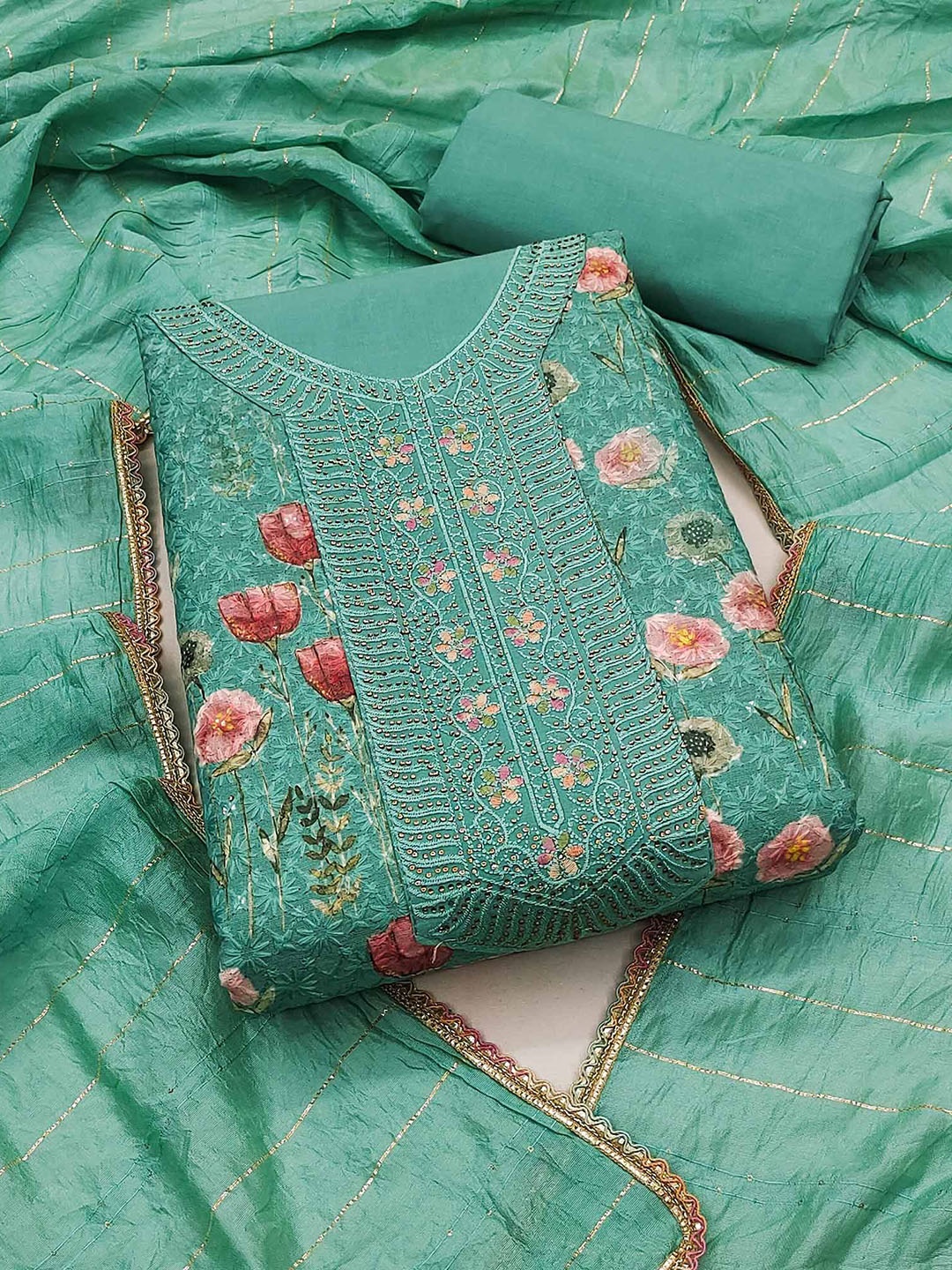 

Peachmode Floral Embroidered Sequinned Pure Cotton Unstitched Dress Material, Green