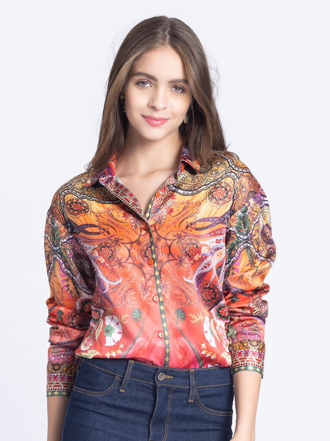 

SHAYE Women Relaxed Floral Printed Spread Collar Casual Shirt, Orange