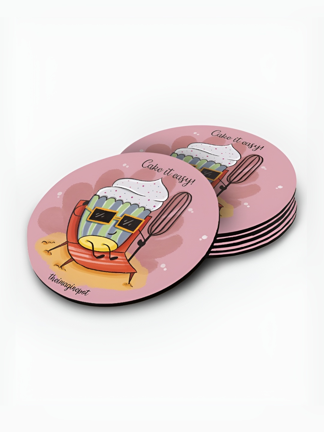 

macmerise Pink & Yellow 6 Pieces Cake It Easy Printed Wooden Circular Coasters