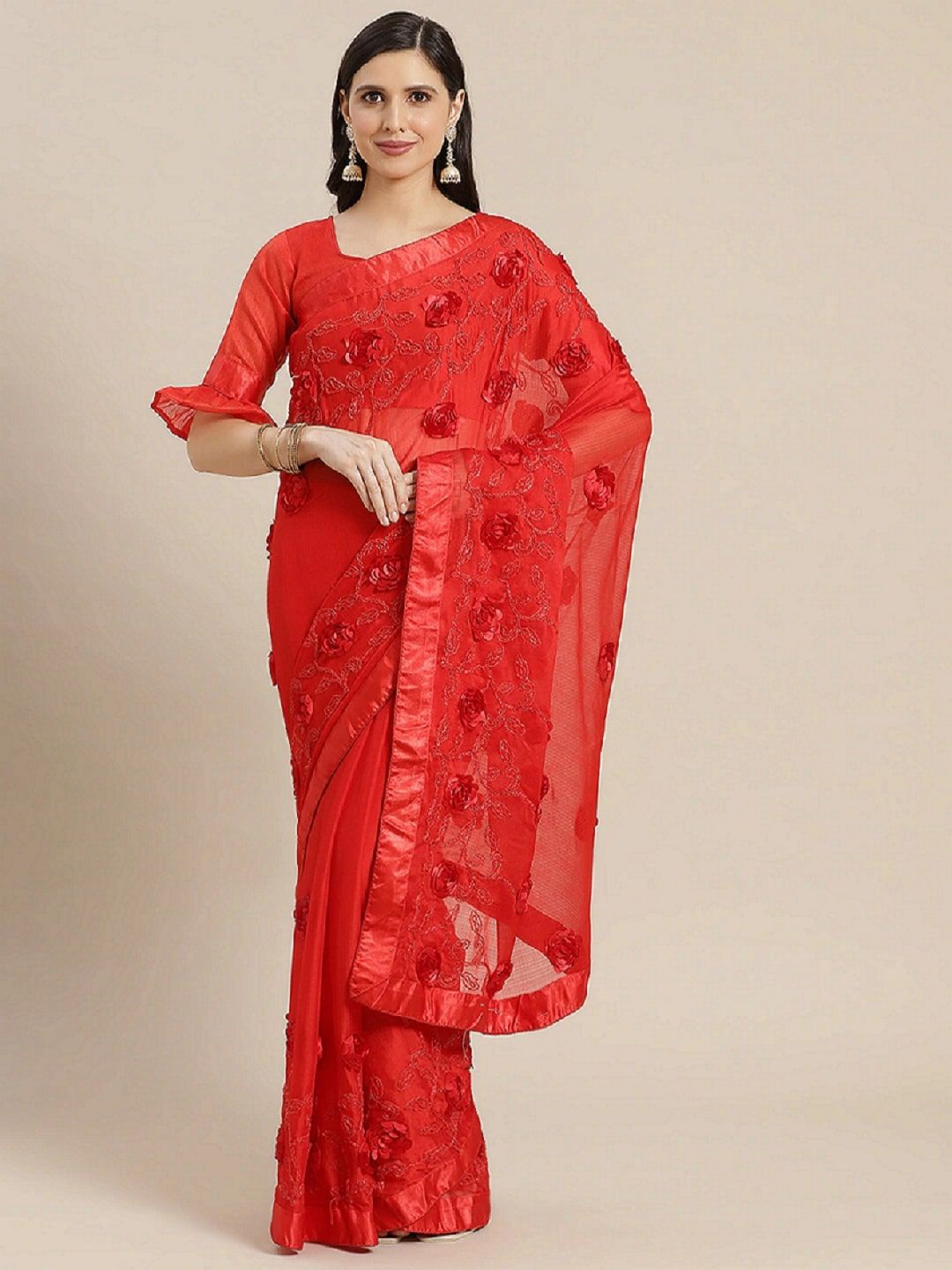 

KALINI Floral Embroidered Pure Chiffon Saree, Red