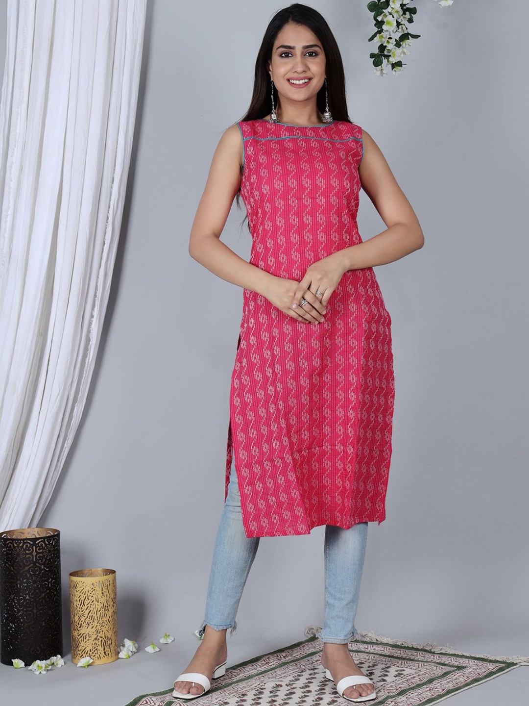 

Shiv ali apparels Geometric Woven Design Thread Work Sleeveless Cotton Straight Kurta, Pink