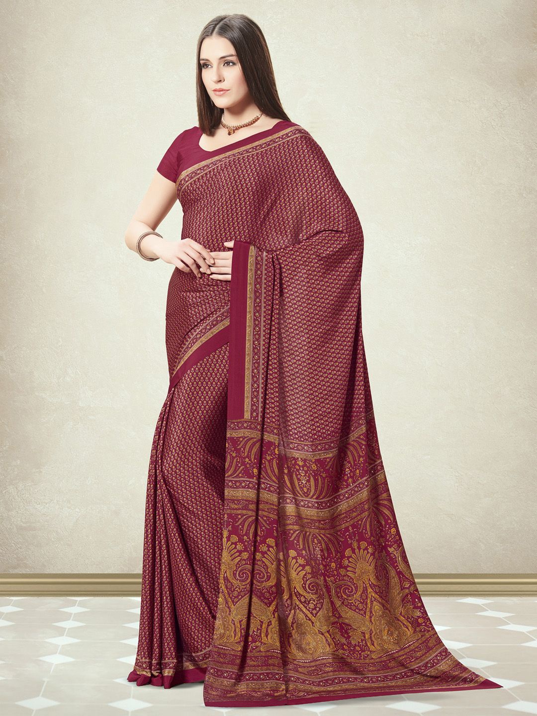 

Sangria Printed Saree With Blouse Maroon Piece