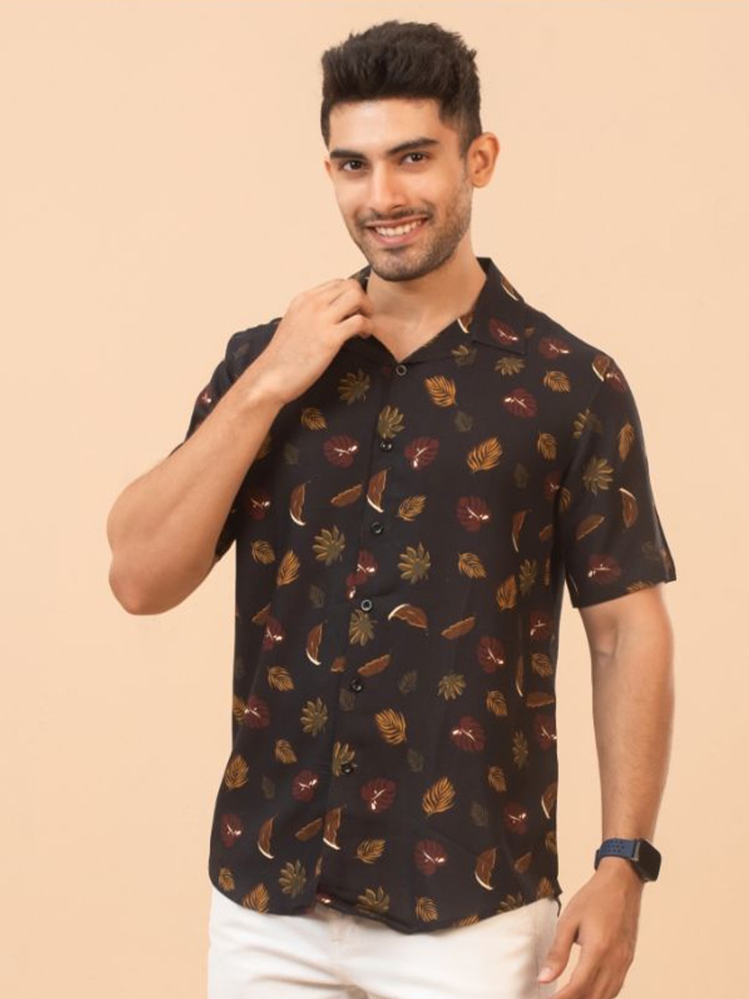 

The Bleu Label Men Classic Slim Fit Floral Opaque Tropical Printed Casual Shirt, Black