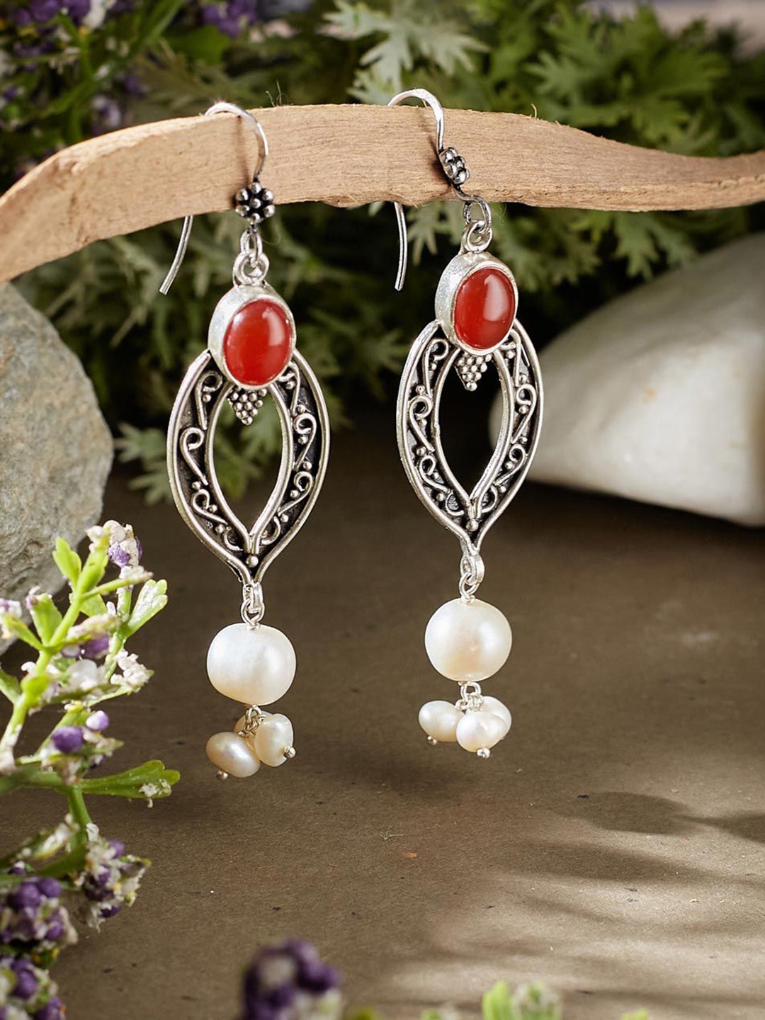 

Fabindia Silver Studded & Beaded Contemporary Drop Earrings