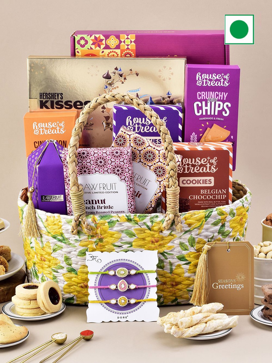 

RawFruit Set Of 2 Rakhis With Basket Sweet Gift Set, Brown