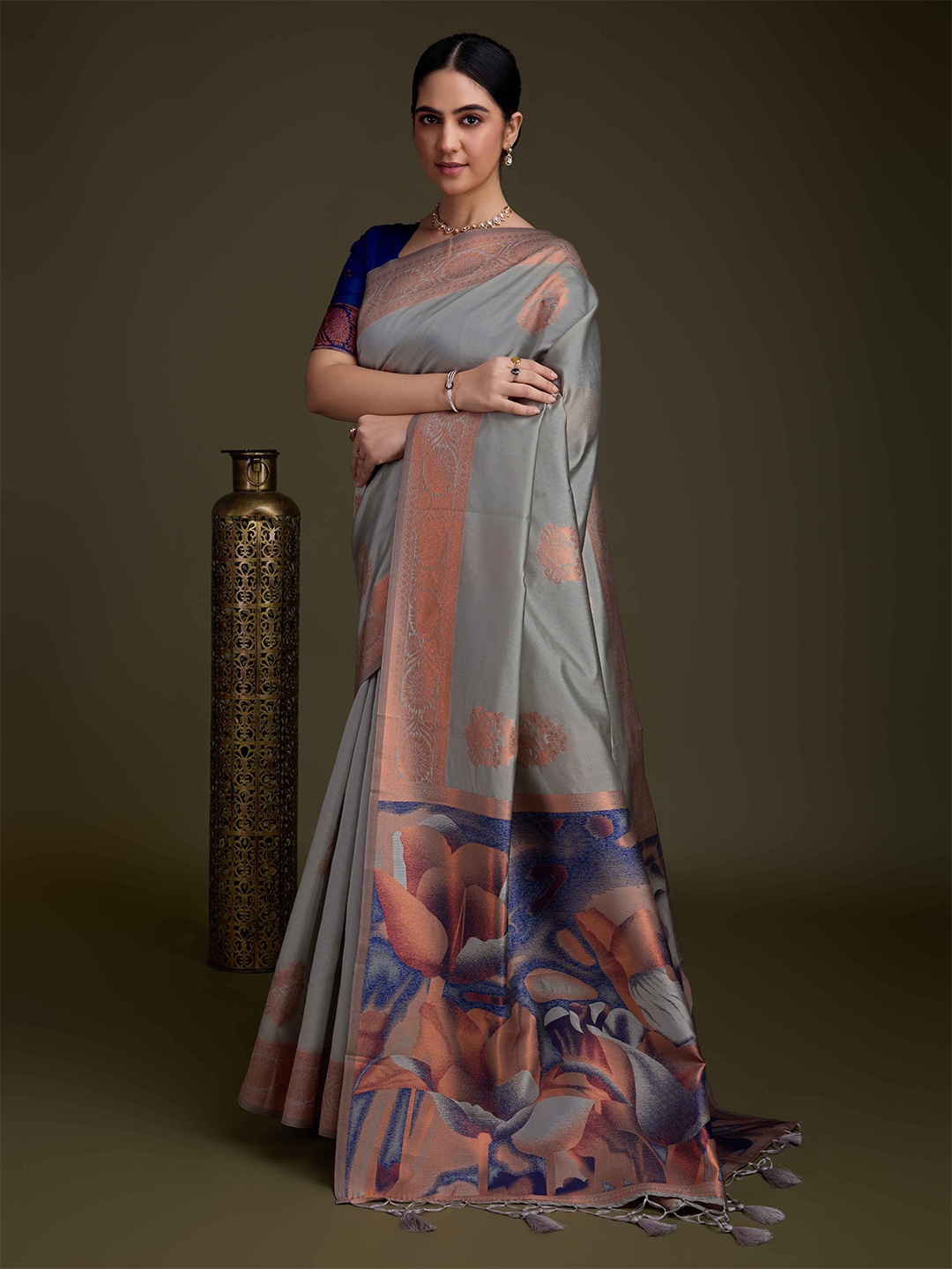 

KIMISHA Ethnic Motifs Zari Silk Blend Saree, Grey