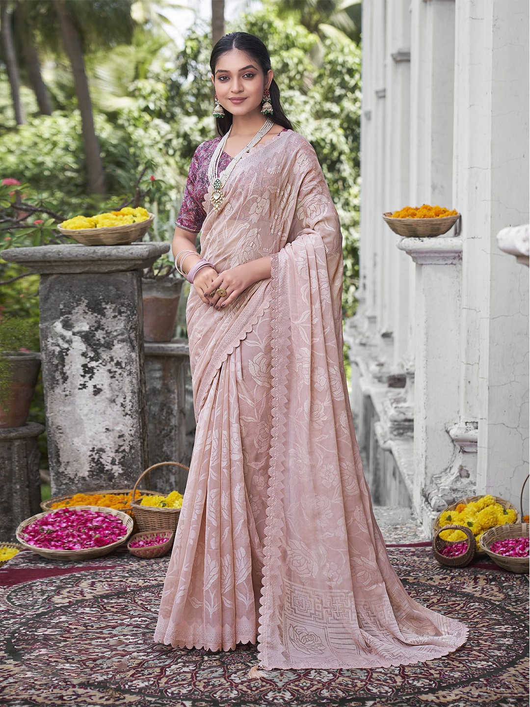 

NIRMAL CREATION Floral Woven Design Beads and Stones Pure Silk Saree, Pink