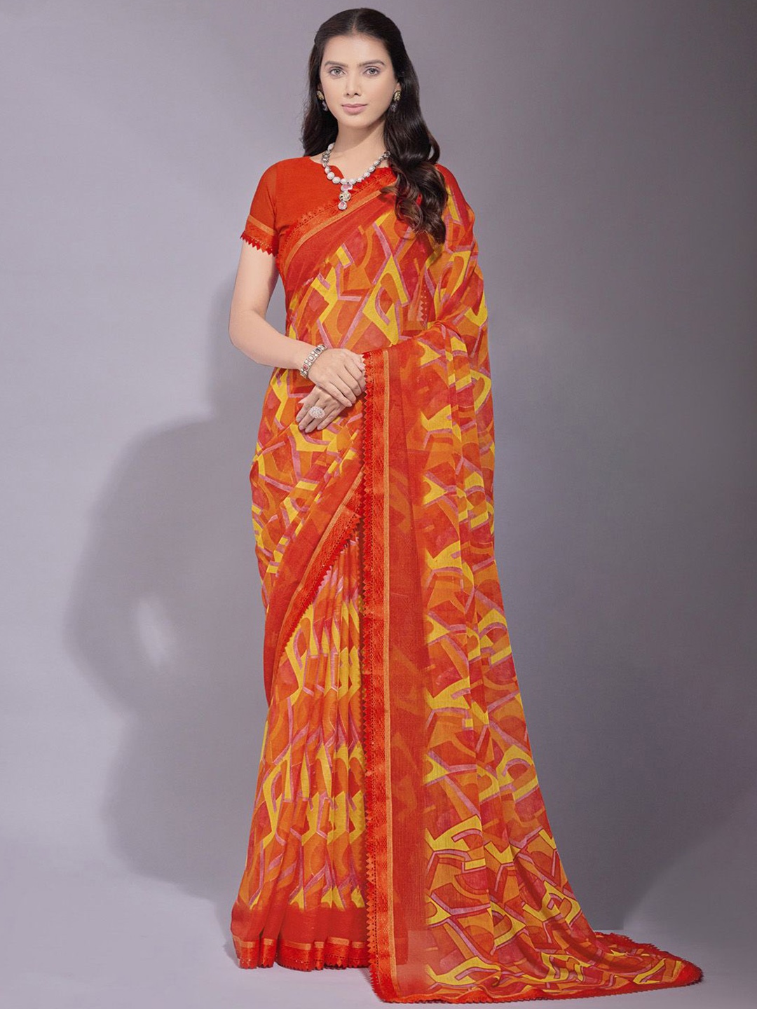 

KALINI Bagh Orange Poly Chiffon Ethnic Printed Daily Wear Saree