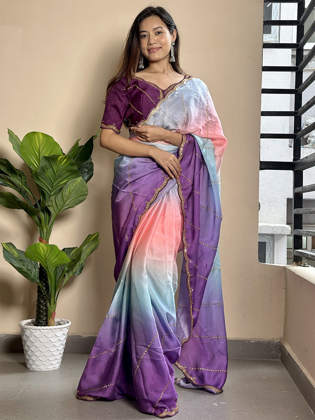 

Mitera Ombre Embroidered Celebrity Saree, Purple