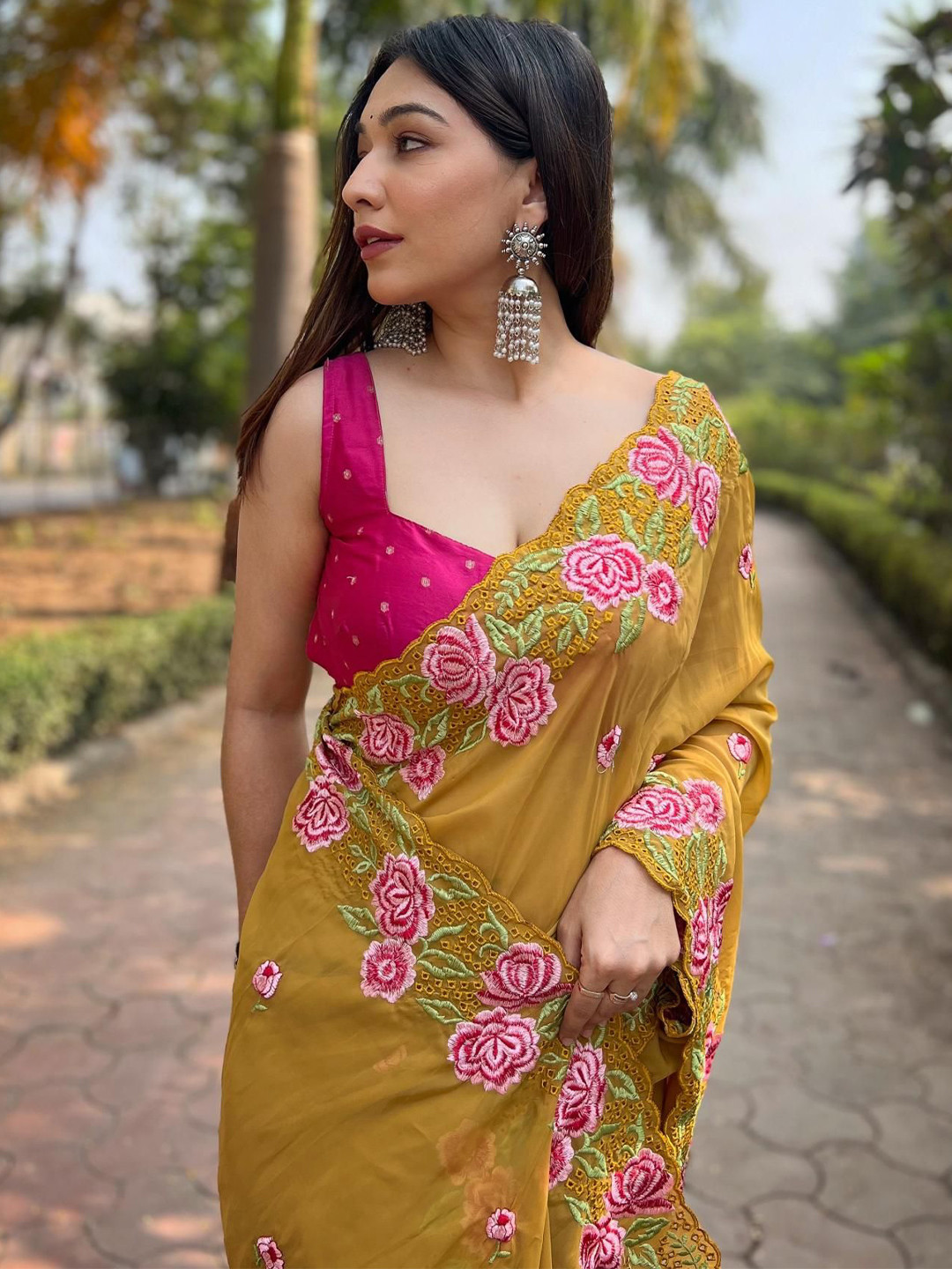 

Kalista Floral Embroidered Organza Saree, Mustard