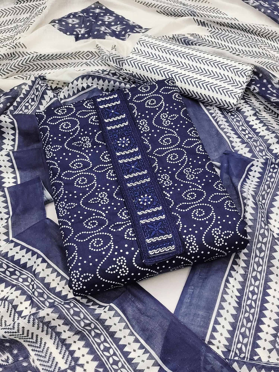 

Peachmode Printed Pure Cotton Unstitched Dress Material, Navy blue