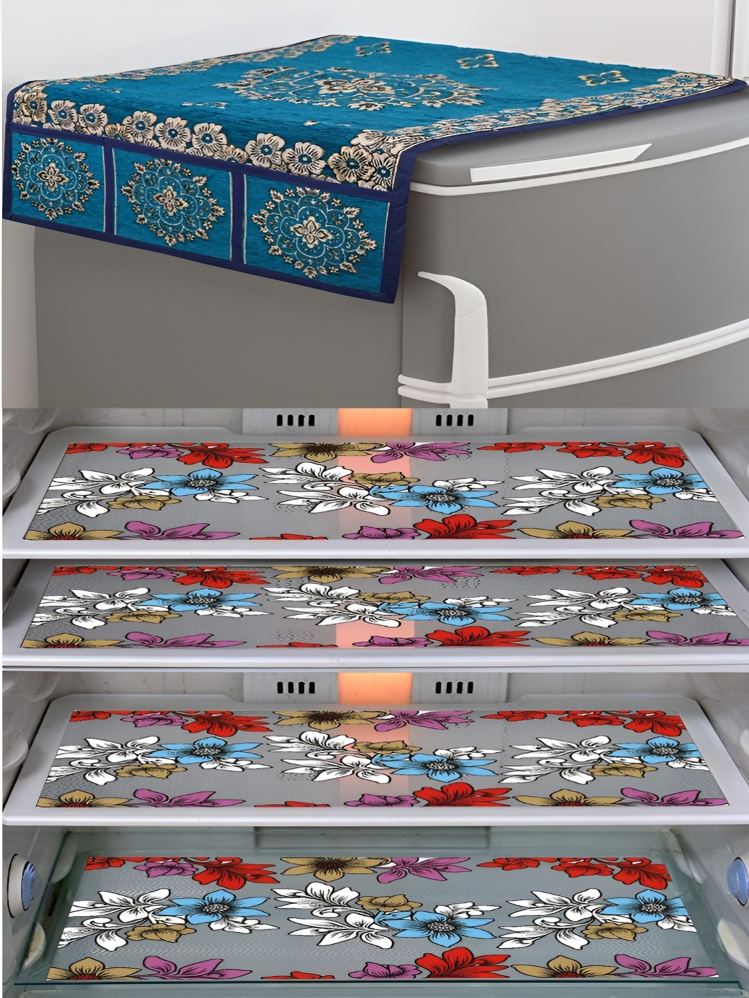 

LooMantha Red & Blue 5 Pieces Floral Printed Fridge Top Cover & Fridge Mats