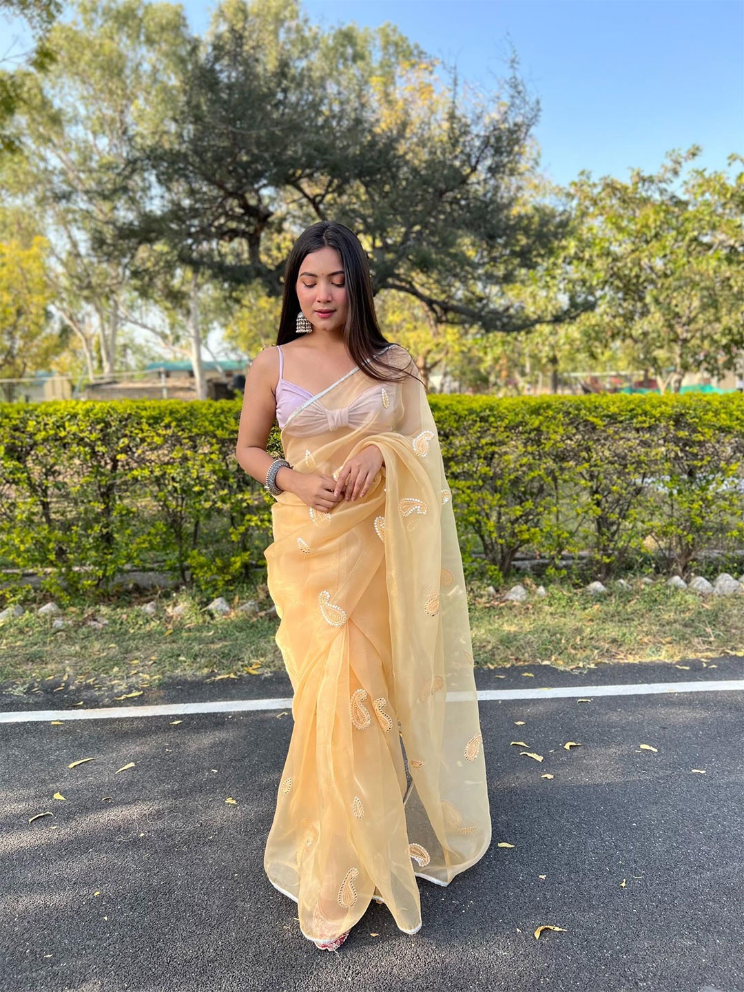 

Mitera Paisley Embroidered Organza Saree, Yellow