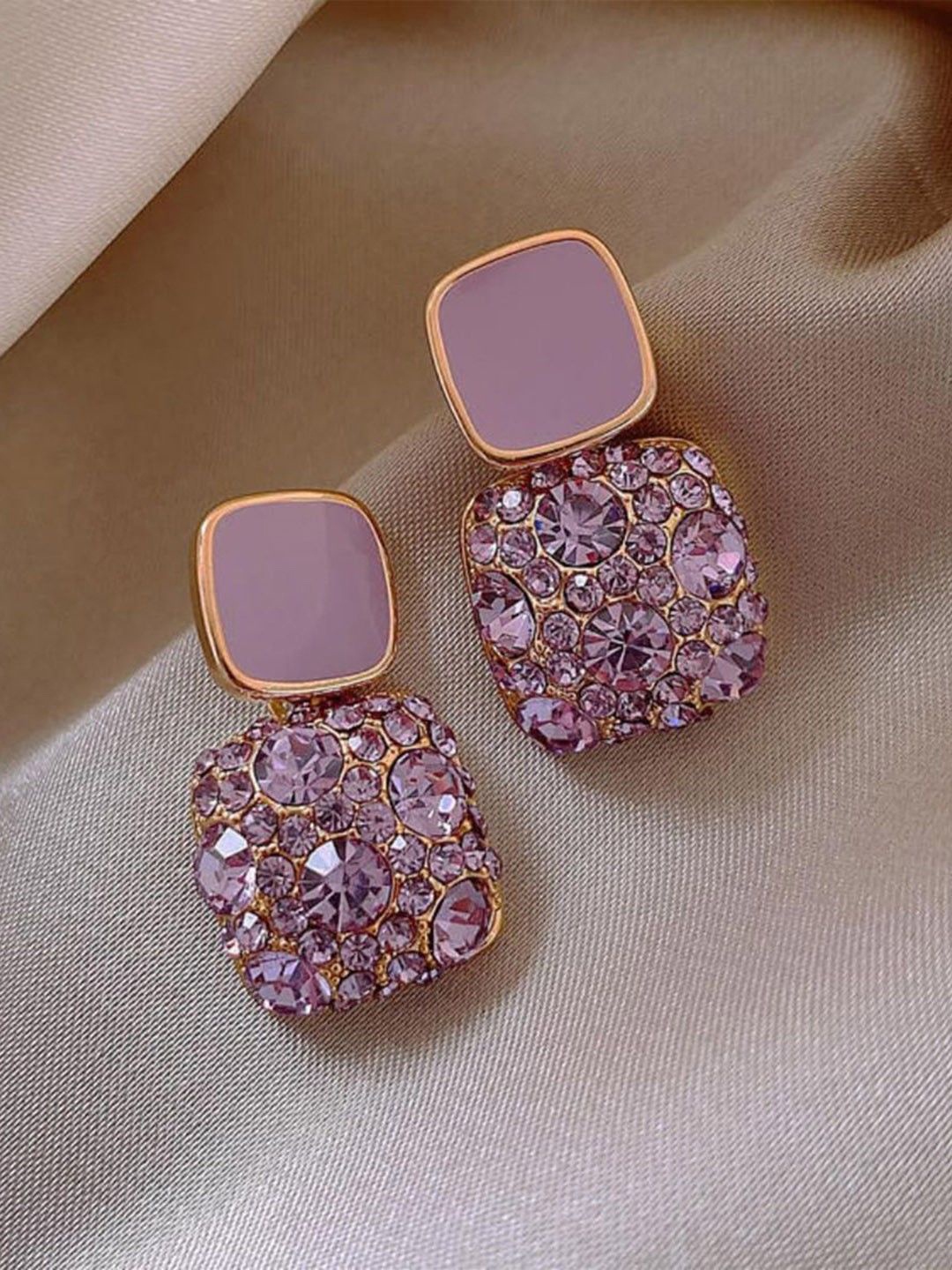 

CareDone Crystals Studded Square Drop Earrings, Gold