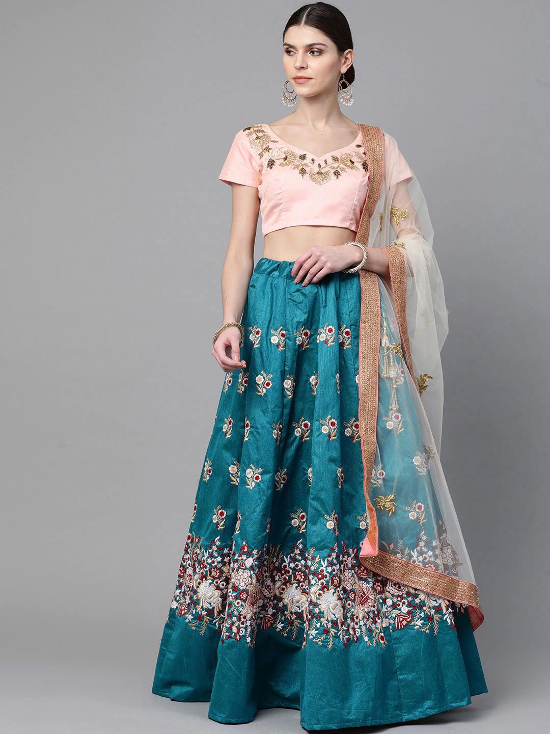 

FABPIXEL Embroidered Sequinned Semi-Stitched Lehenga & Unstitched Blouse With Dupatta, Teal