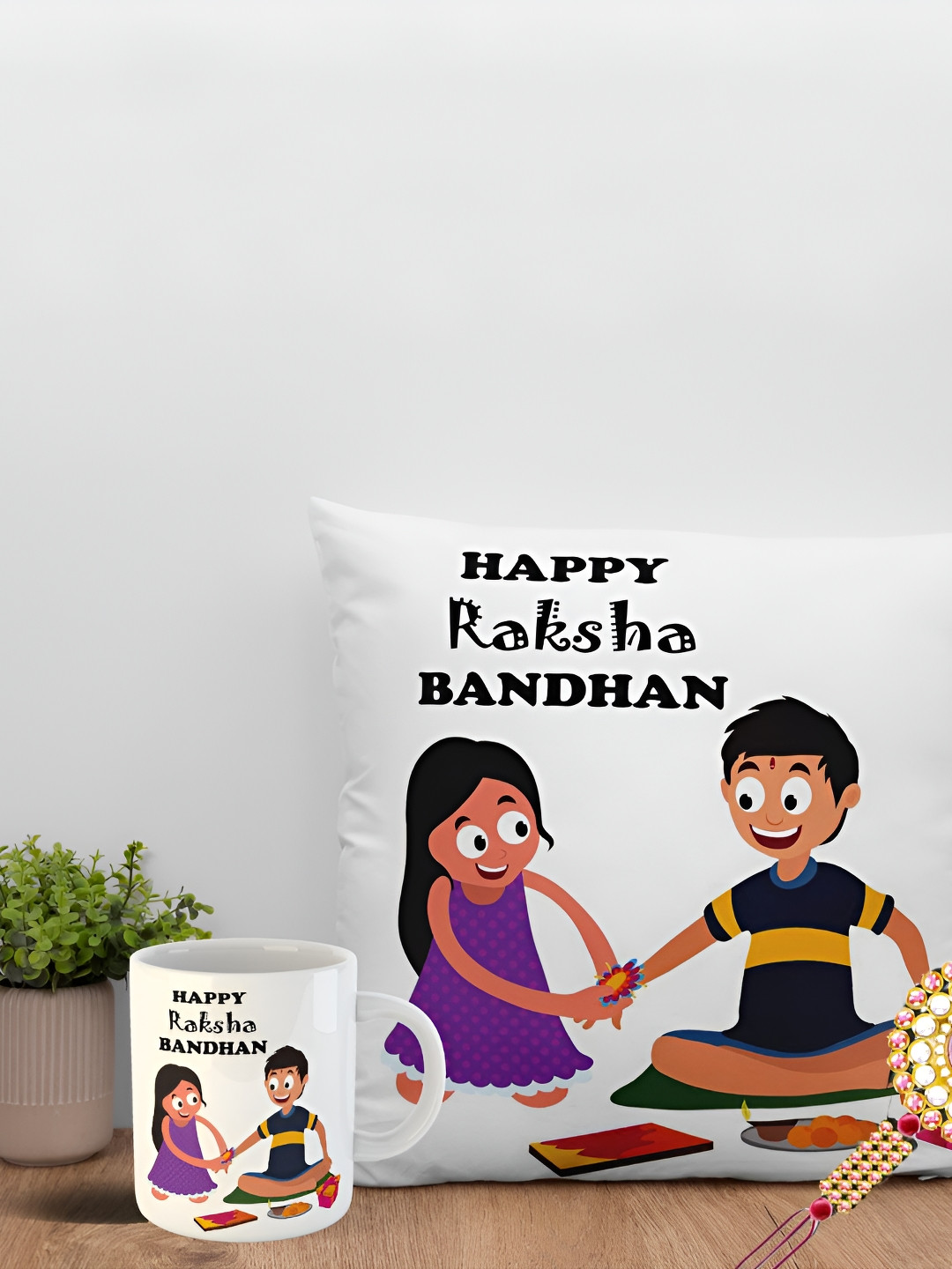

ARTBUG Set Of 3 Rakhi With Printed Mug & Cushion, Gold
