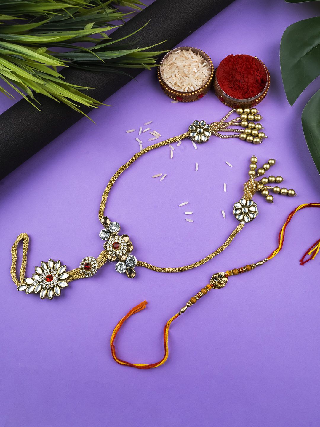 

StileAdda Stones Studded & Beaded Bhai Bhabhi Rakhi, Gold