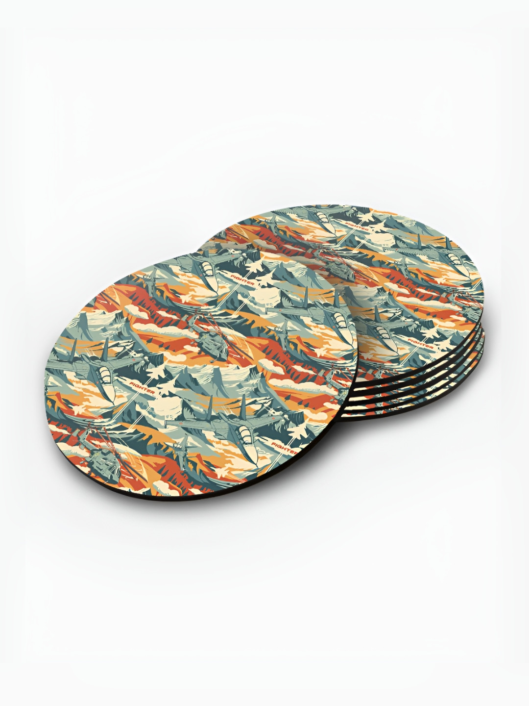 

macmerise Beige & Green 6 Pieces Printed Wooden Round Coasters