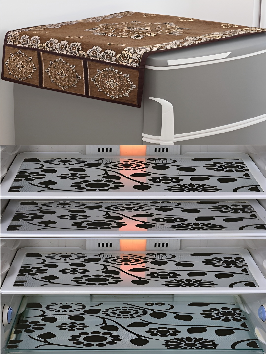 

LooMantha Brown & Black 5 Pieces Printed Fridge Cover With Mats
