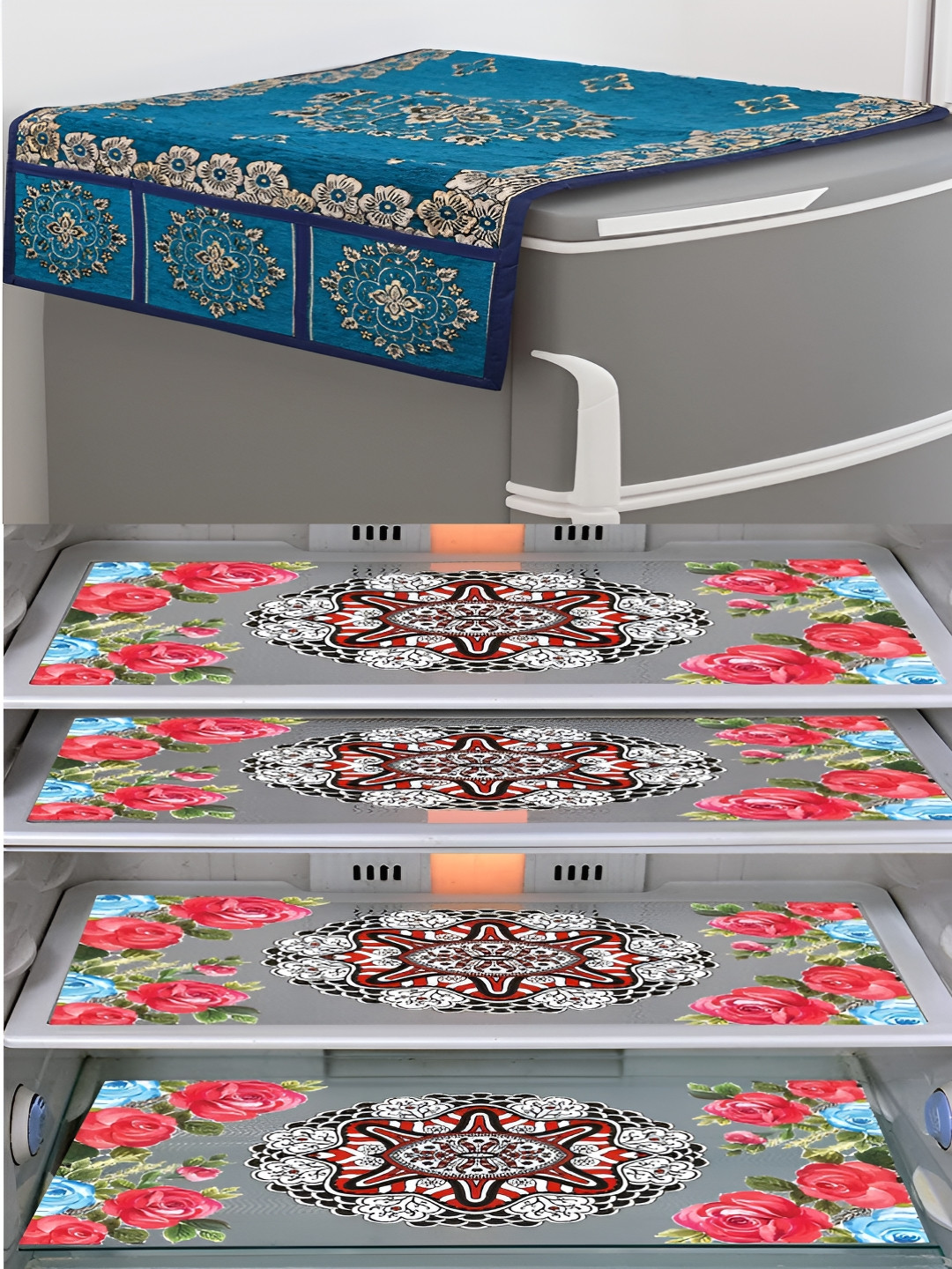 

LooMantha Pink & Blue 5 Pieces Printed Fridge Cover With Side Storage & Fridge Mat