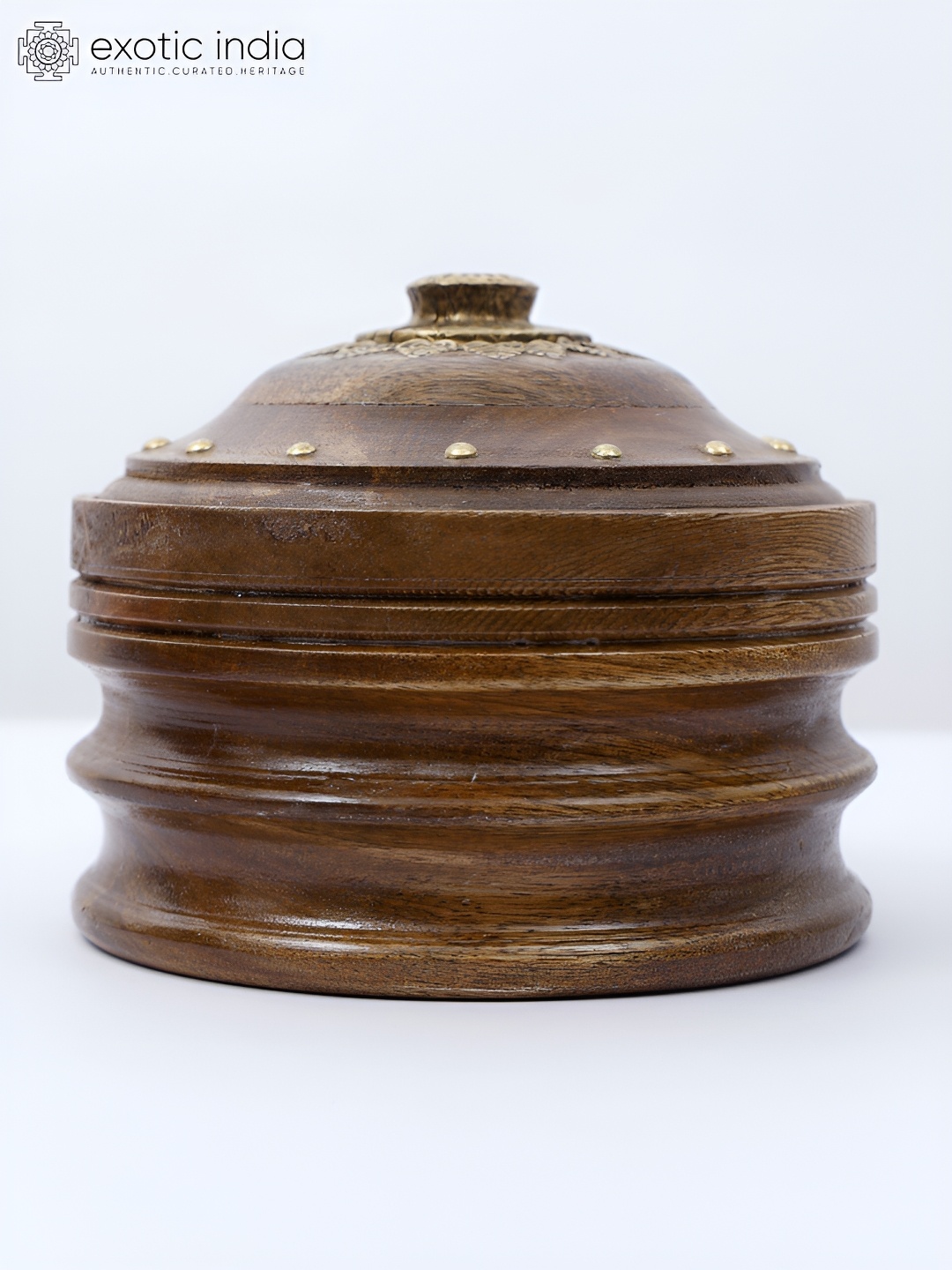 

Exotic India 6" Round Kitchen Box in Wood with Brass Work, Brown