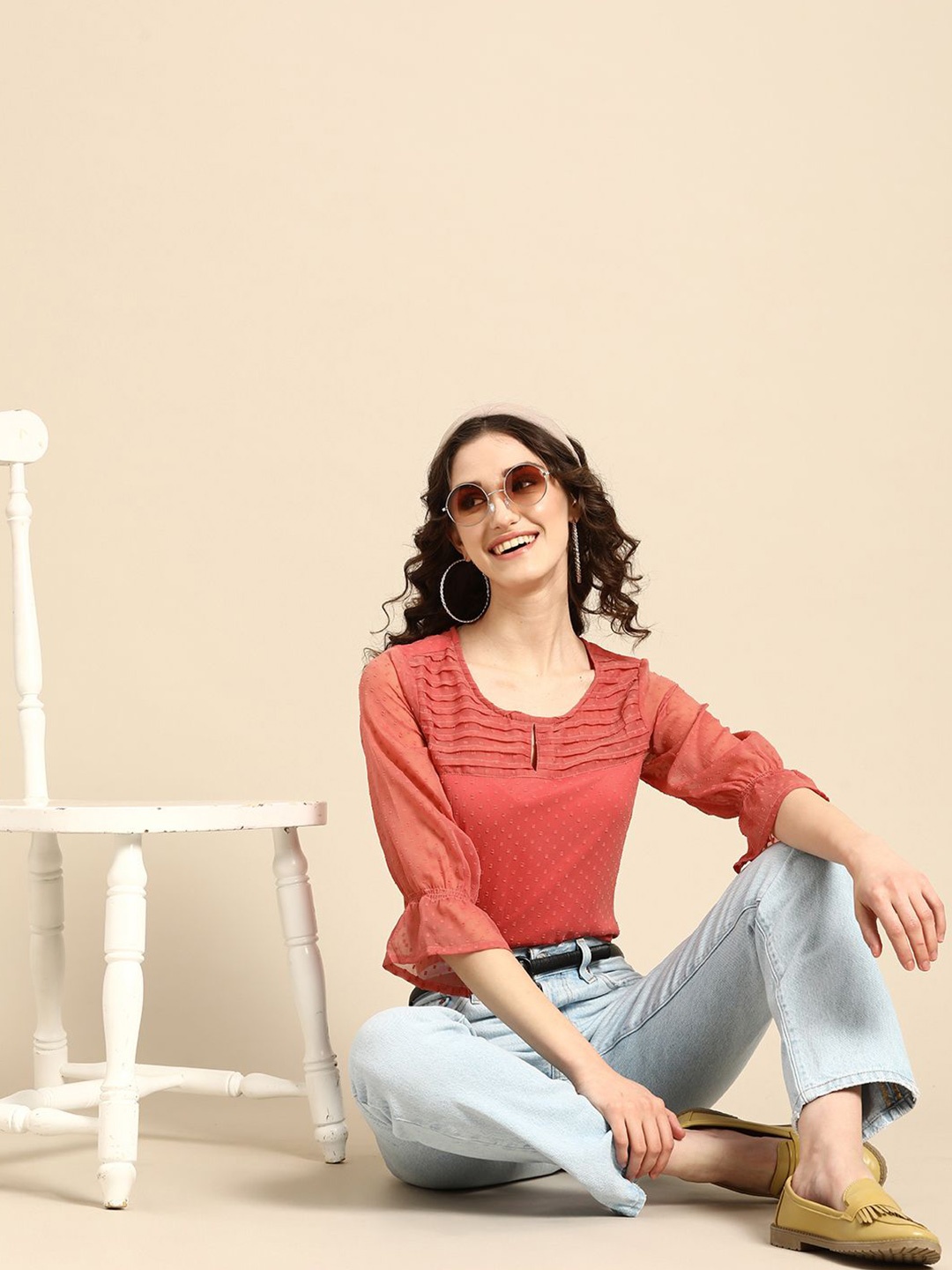 

all about you Women Self Design Keyhole Neck Top, Peach