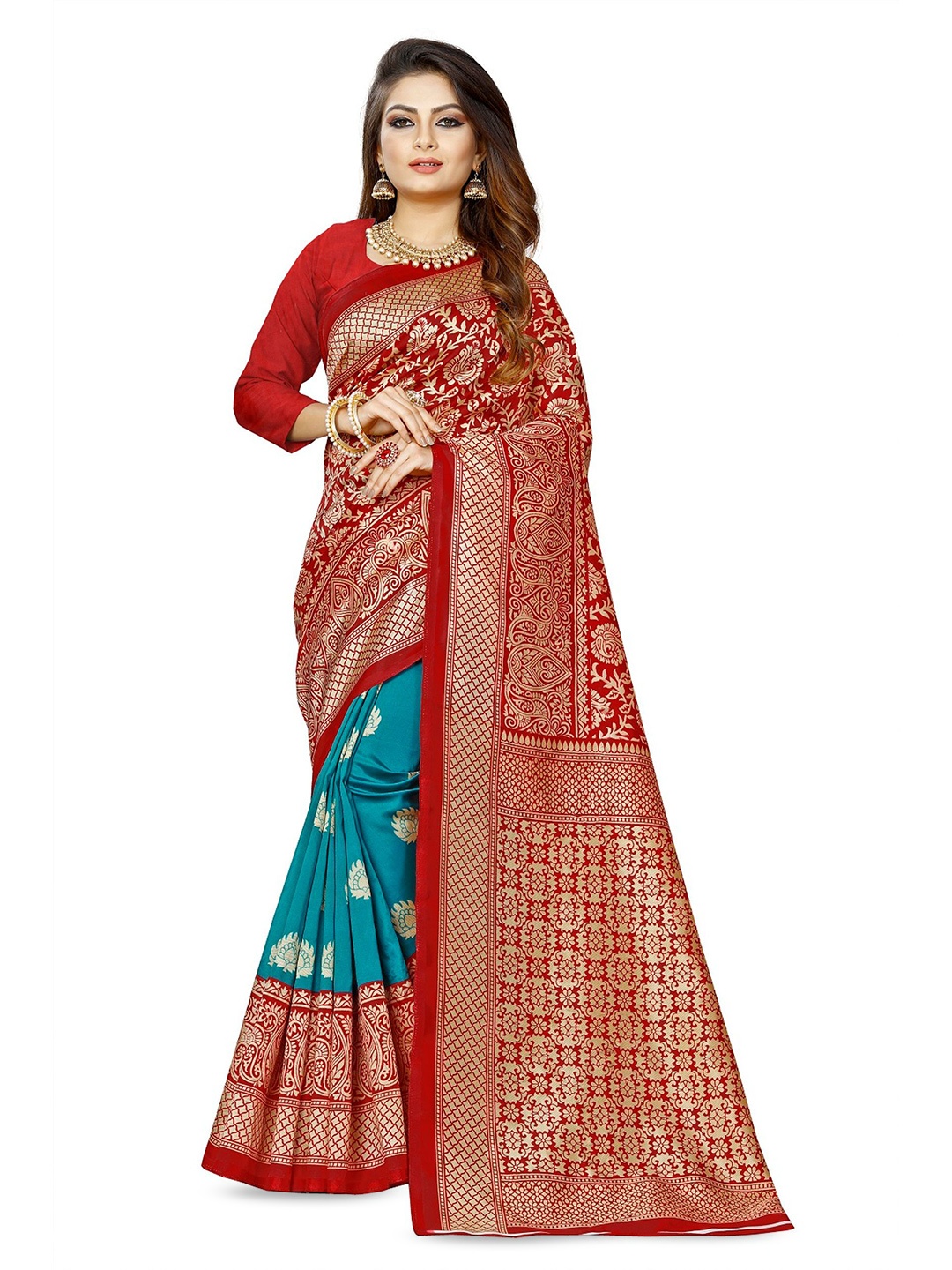 

RUNAYA NX Ethnic Motifs Zari Art Silk Half and Half Saree, Blue
