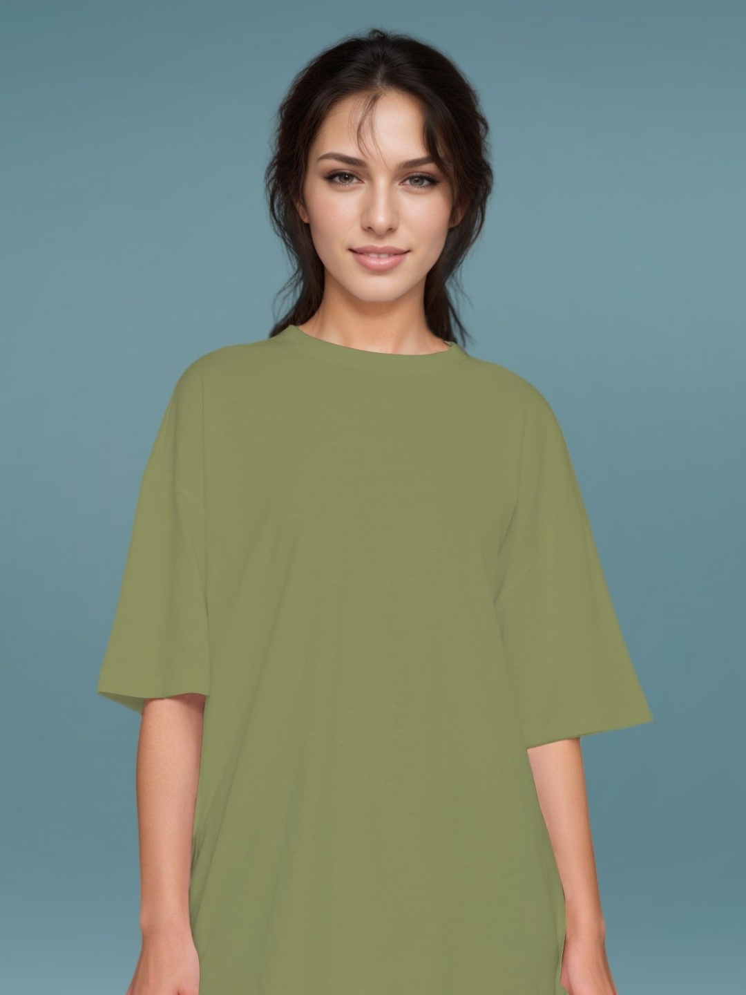 

DressBerry Women Solid Round Neck Cotton Boxy T-Shirt, Olive
