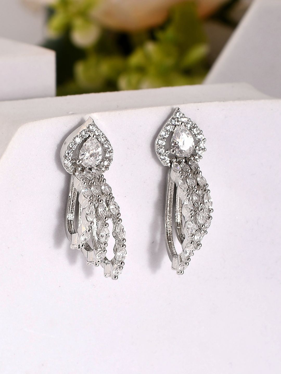 

Voylla Sparkling Elegance Rhodium Plated American Diamond Drop Earrings, Silver