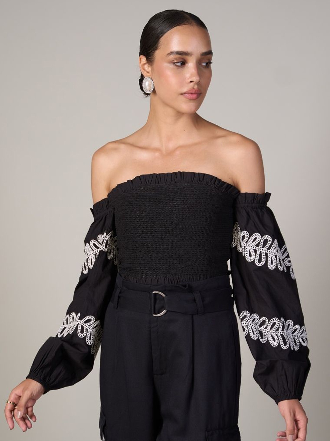 

Style Island Print Off-Shoulder Cotton Bardot Top, Black