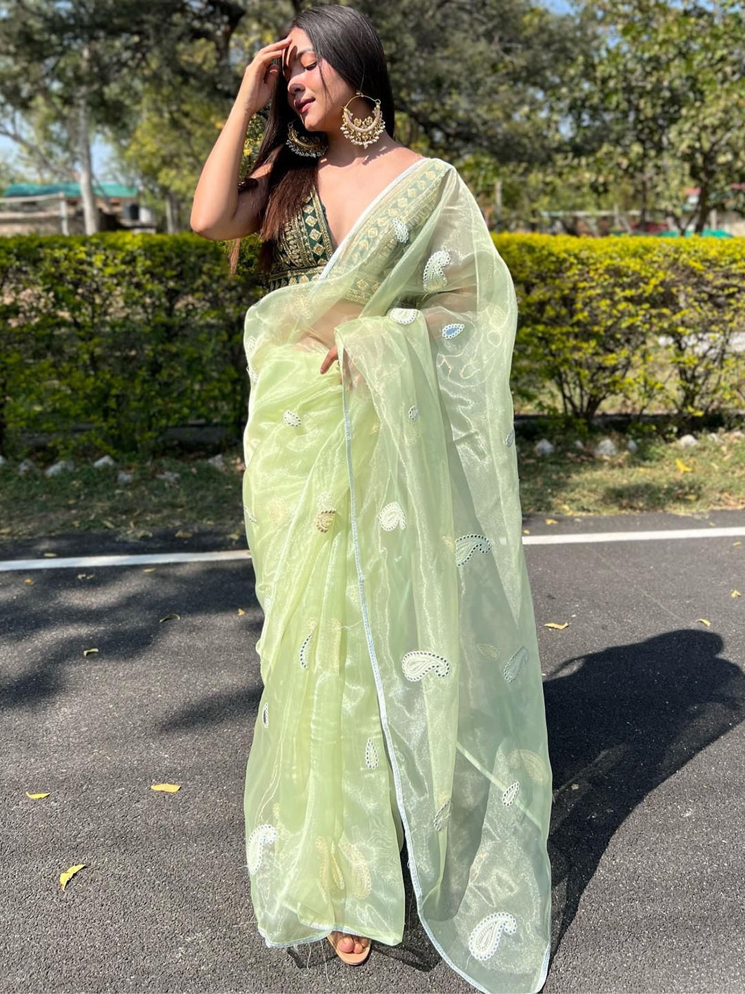 

Kalista Paisley Embroidered Organza Saree, Green
