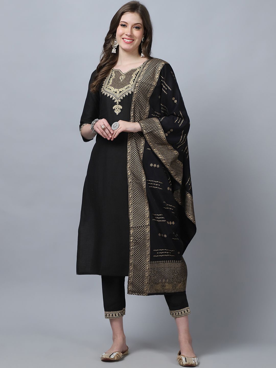 

KALINI Ethnic Motifs Yoke Design Pure Silk Straight Kurta with Trousers & Dupatta, Black