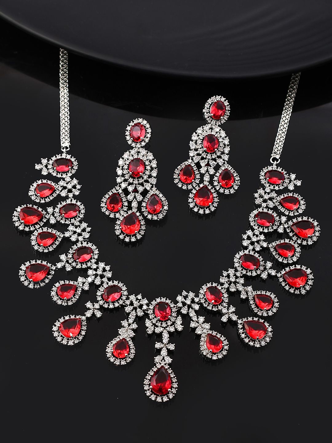 

Voylla Rhodium Plated American Diamond Stone Studded Jewellery Set, Silver