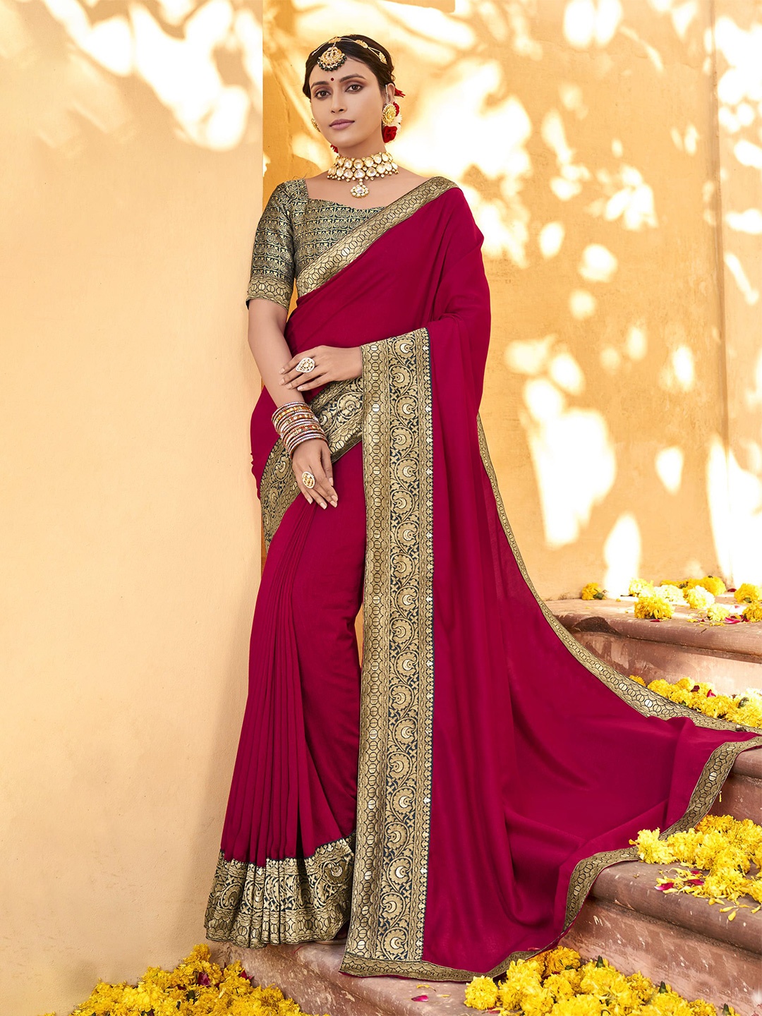 

NIRMAL CREATION Zari Pure Silk Saree, Red