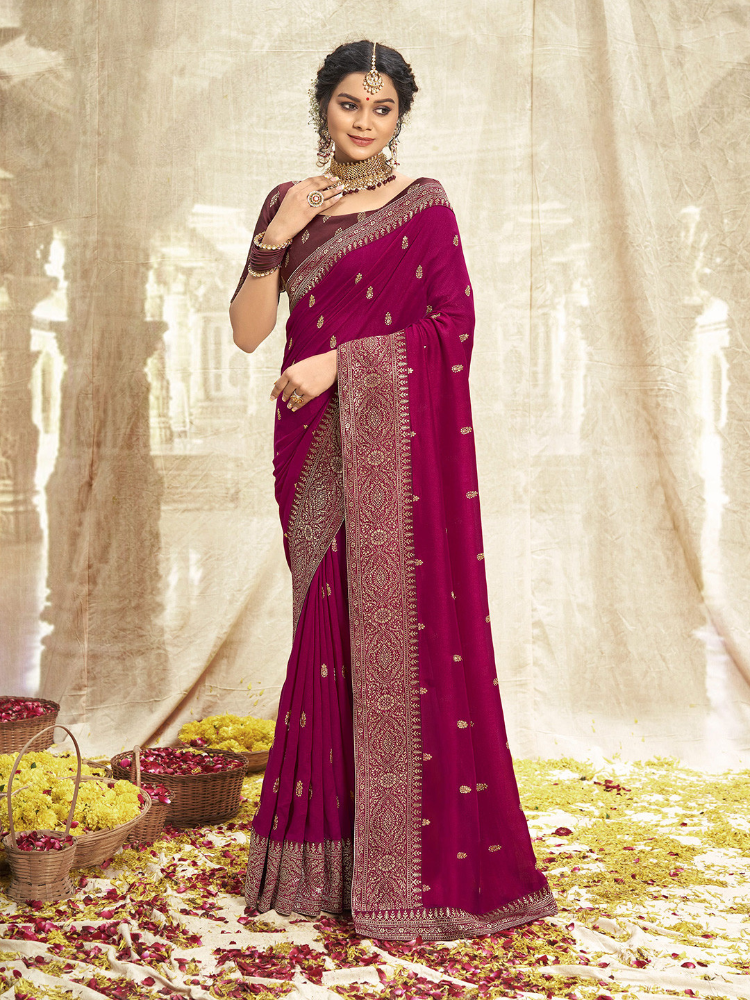 

NIRMAL CREATION Embroidered Ethnic Motifs Zari Pure Silk Saree, Pink
