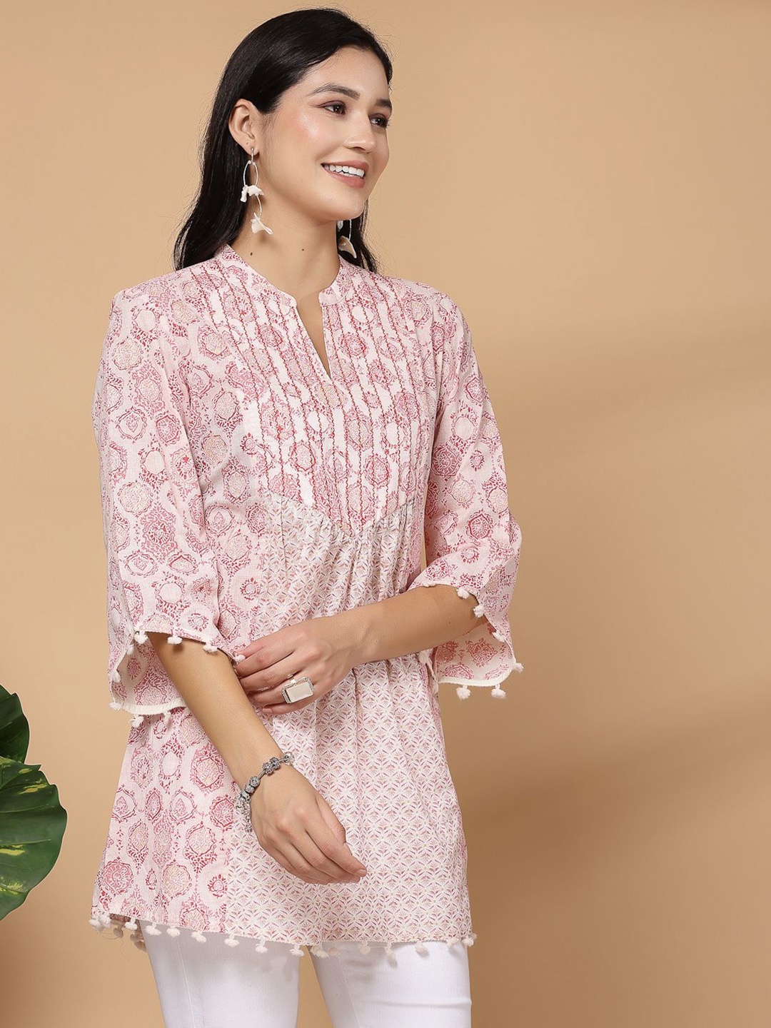 

Nayam By Lakshita Ethnic Motifs Printed Mandarin Collar Pure Cotton A-Line Kurti, Pink