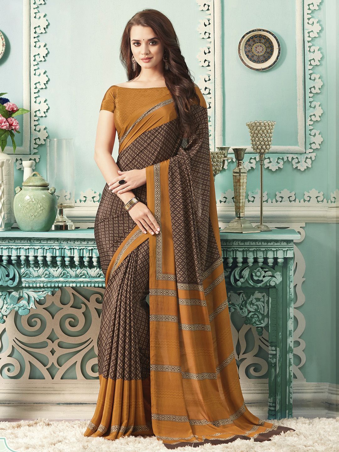 

Sangria Printed Ethnic Motifs Saree, Brown